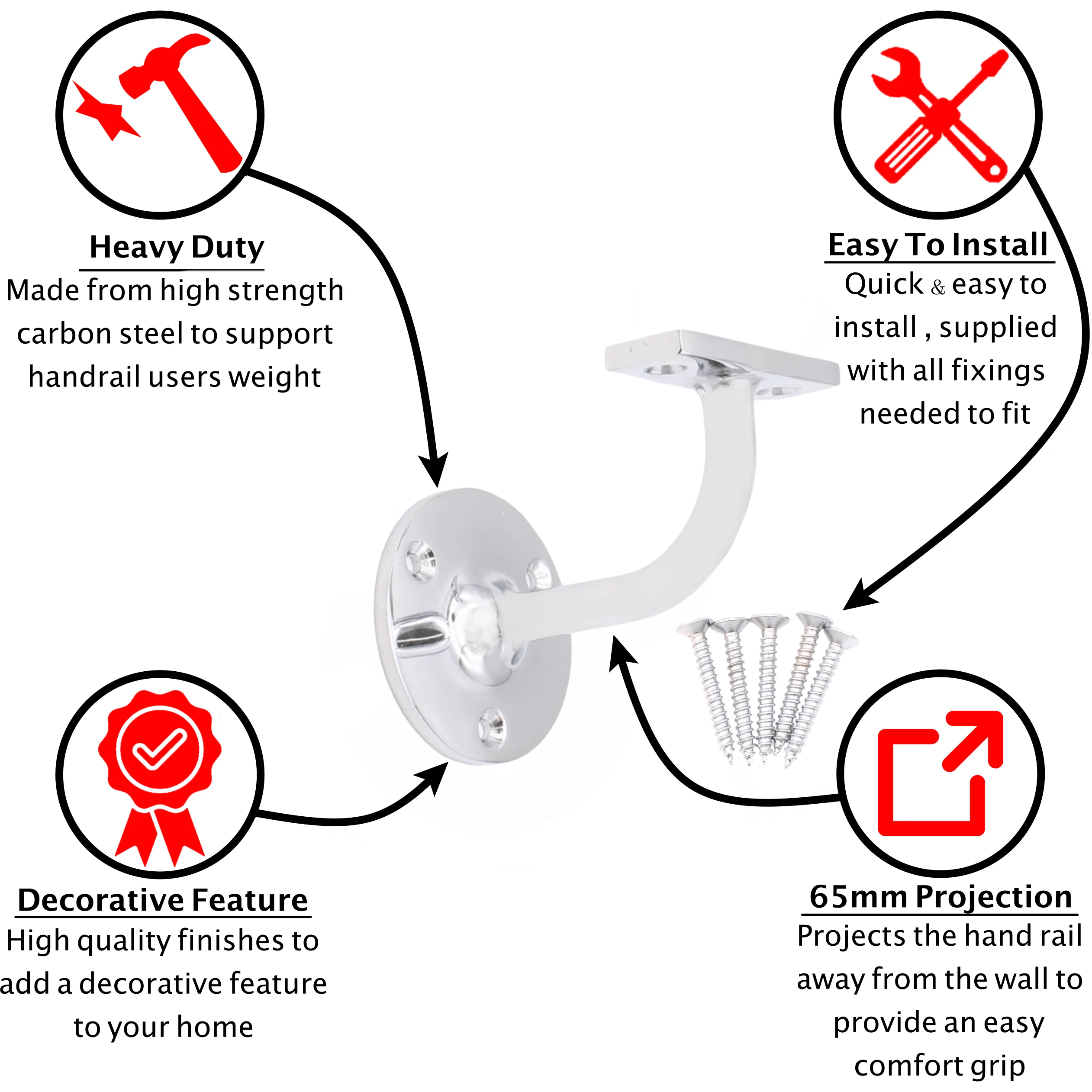 Handrail Bracket Heavy Pattern - 64mm / 2.5 Inch - Polished Chrome - Image 3