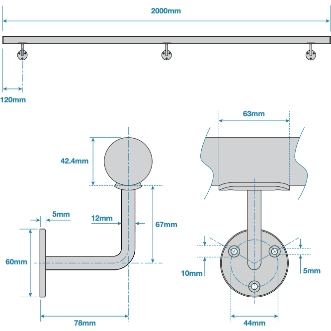 Handrail Kit - 2000mm - Grade 304 Satin Stainless Steel - Image 3