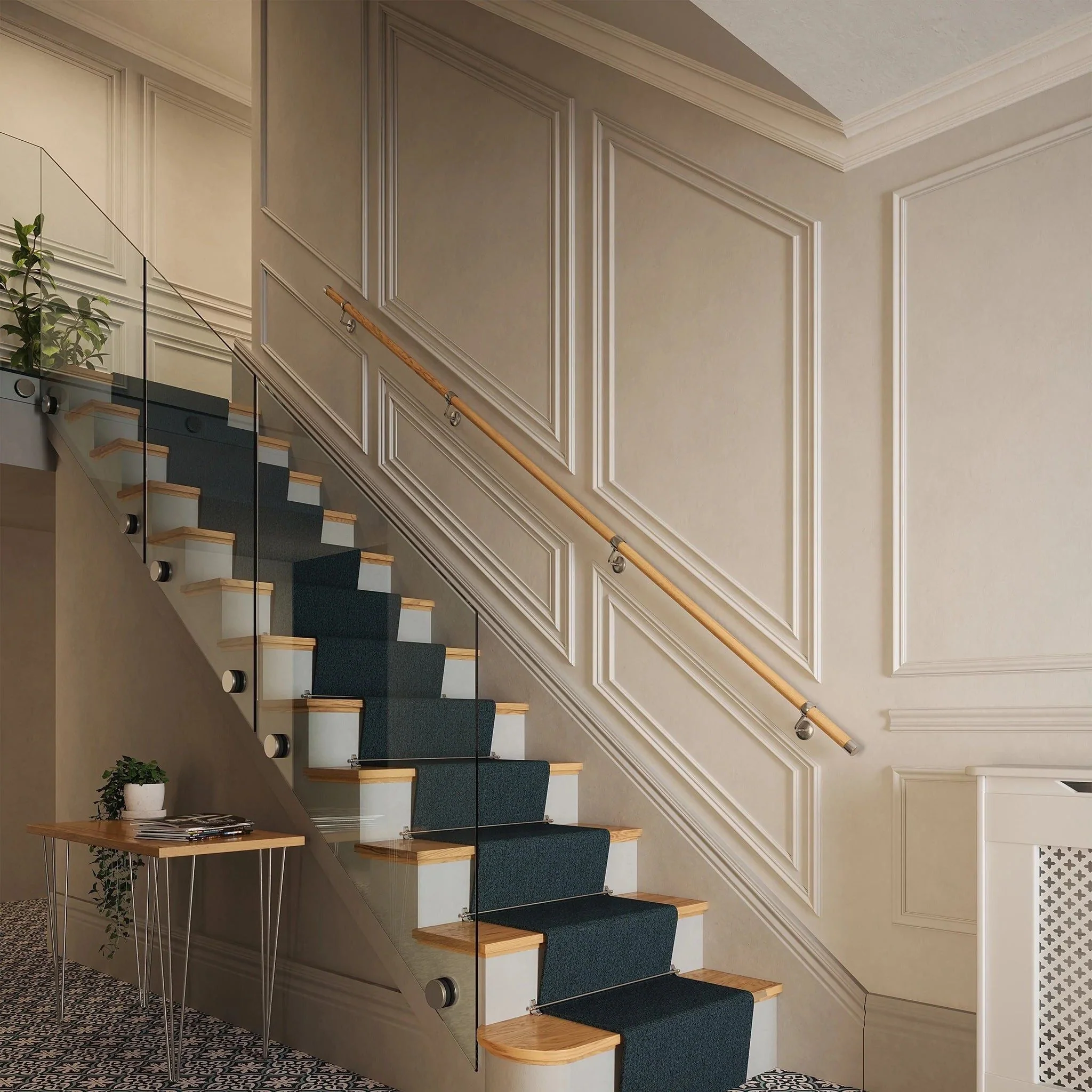 Handrail Kit Wooden / Timber Effect - Interior Use - 3600mm - Red Oak Effect / Brushed Silver - Image 8