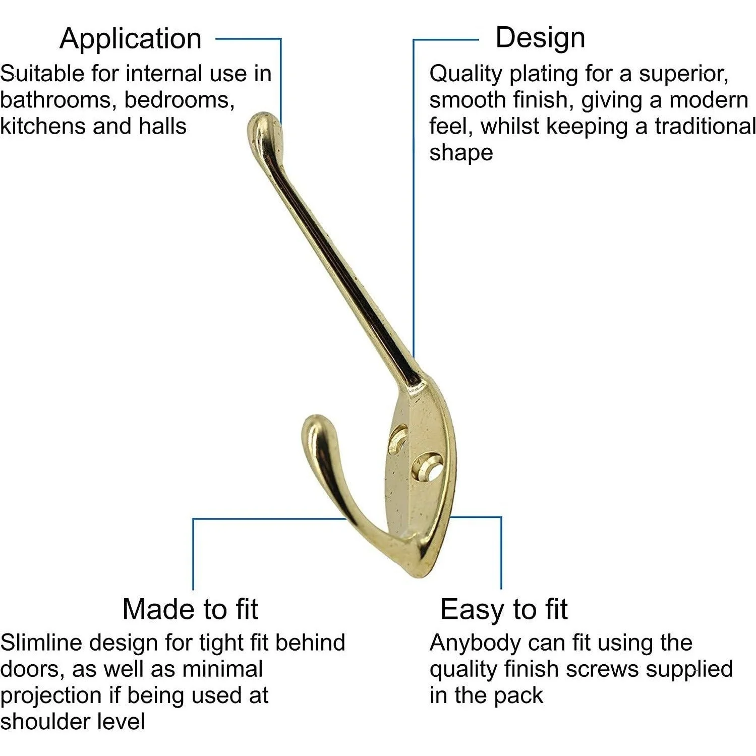 Hat and Coat Hook - 60mm - Brass Plated - Pack of 4 - Image 3