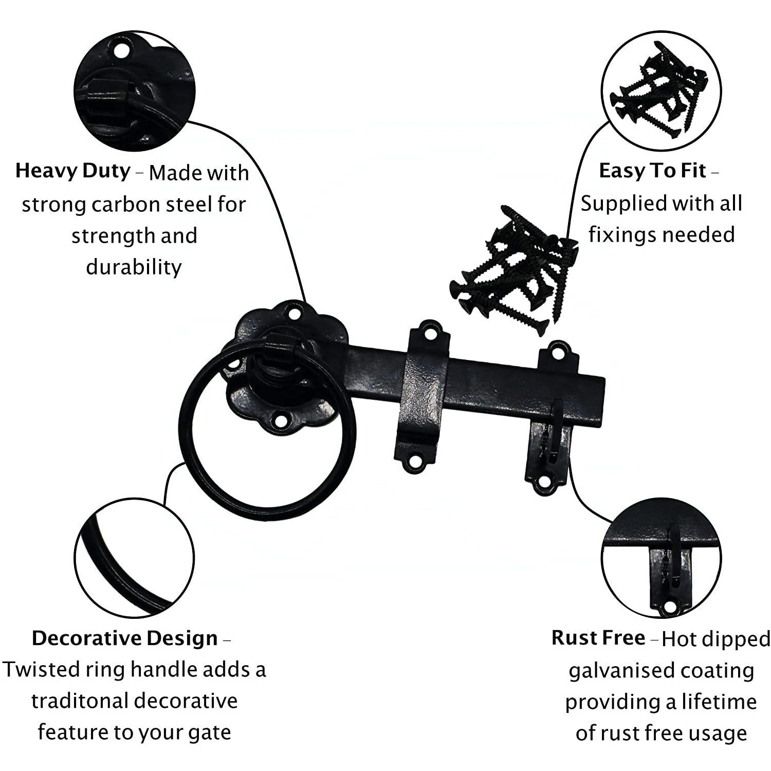 HD Gate Kit - Ring Latch - 350mm Hinges - 150mm Brenton Bolt - Black - Image 6