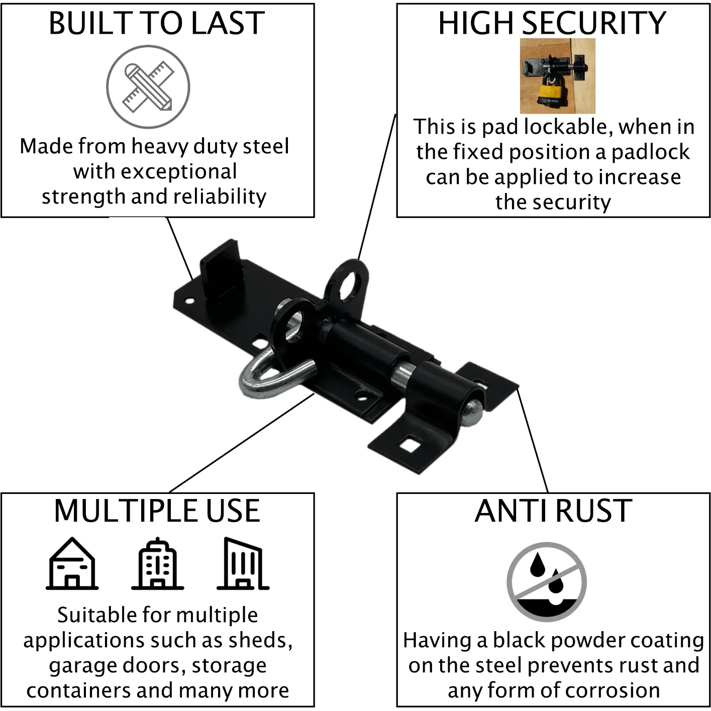 HD Gate Kit - Ring Latch - 350mm Hinges - 150mm Brenton Bolt - Black - Image 8