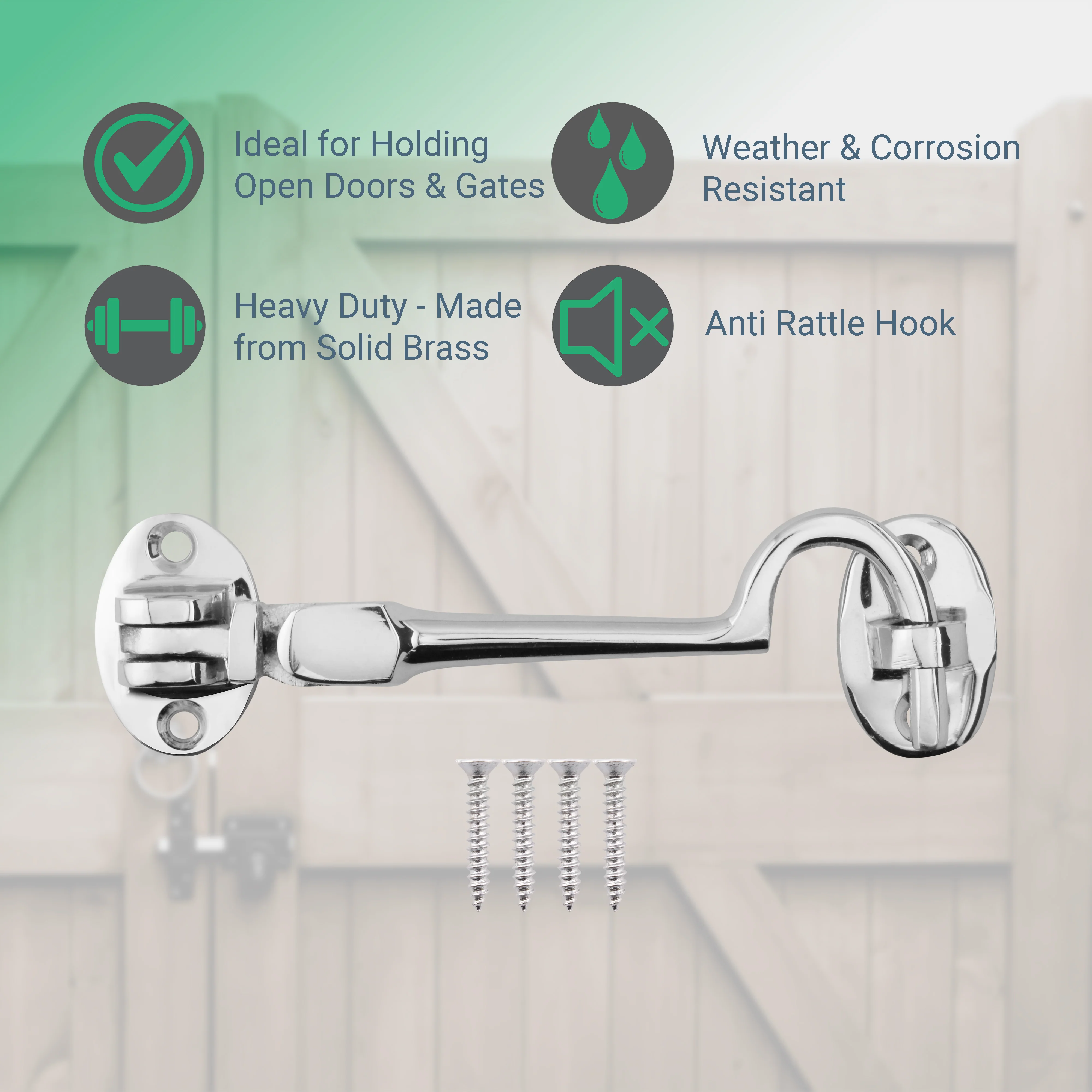 Heavy Duty Silent Cabin Hook and Eye - 100mm - Polished Chrome - Image 2