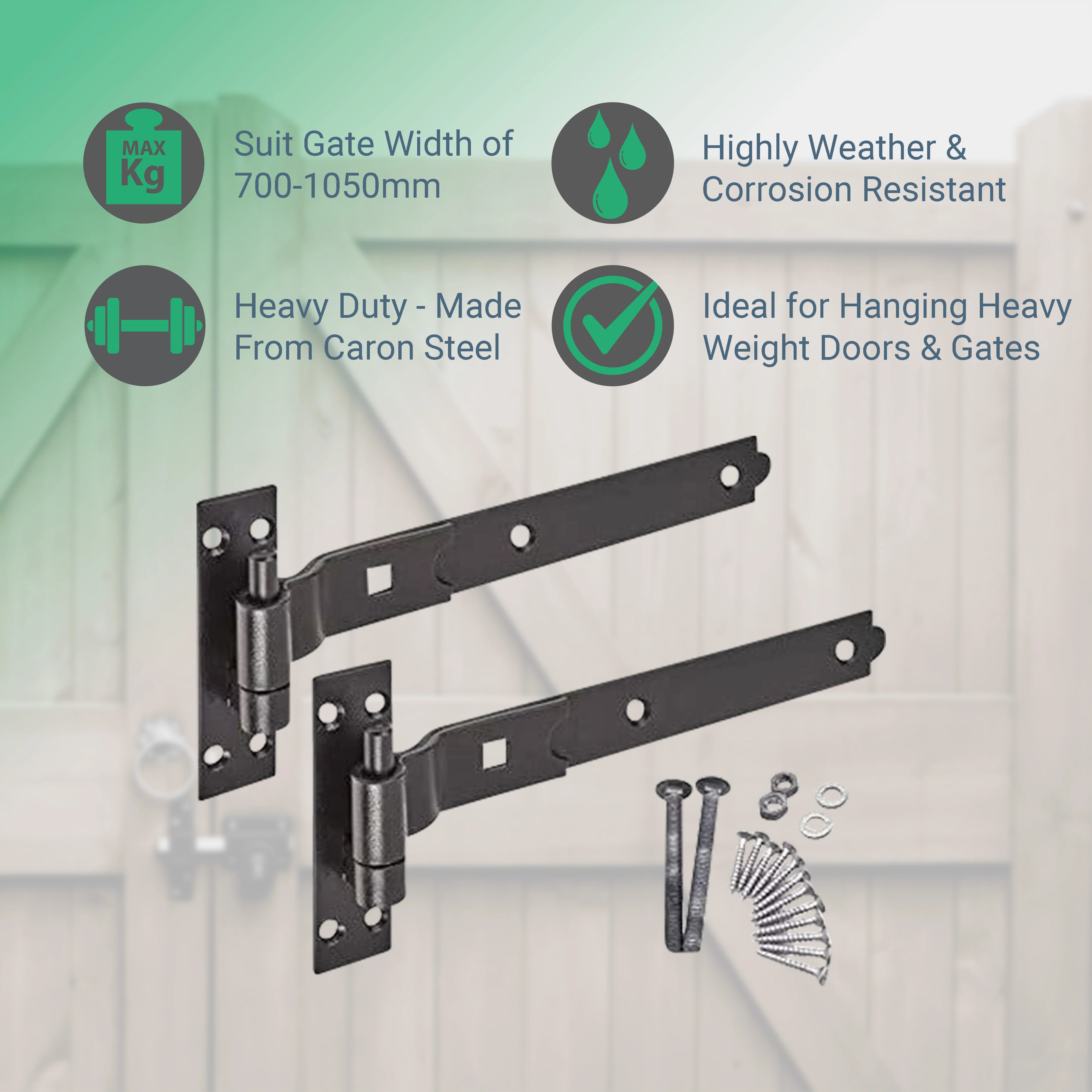 Heavy Duty Cranked Hook & Band Gate Garage Hinges - 350mm / 14" - Black (Pair) - Image 2
