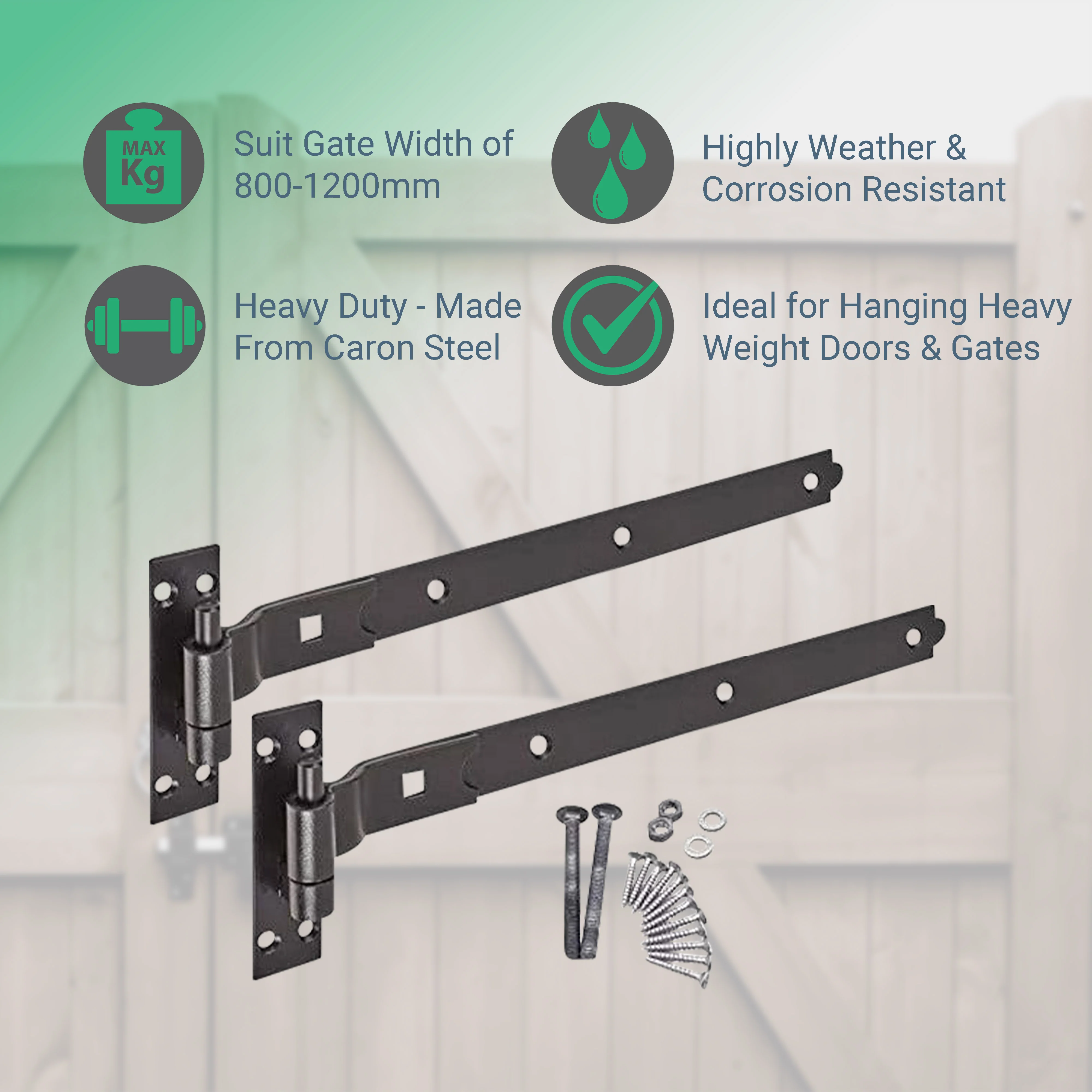 Heavy Duty Cranked Hook & Band Gate Garage Hinges - 400mm / 16" - Black (Pair) - Image 2