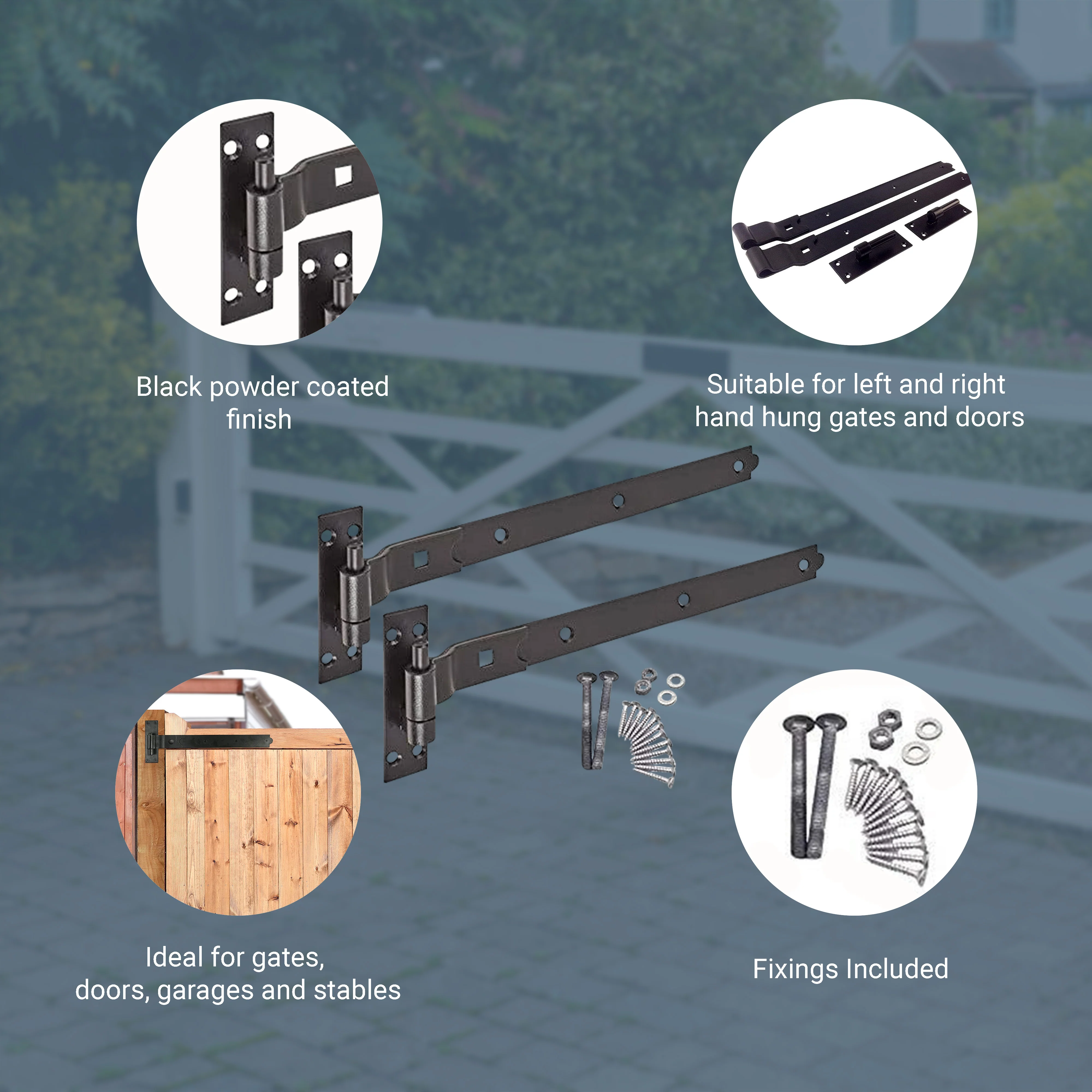 Heavy Duty Cranked Hook & Band Gate Garage Hinges - 400mm / 16" - Black (Pair) - Image 4