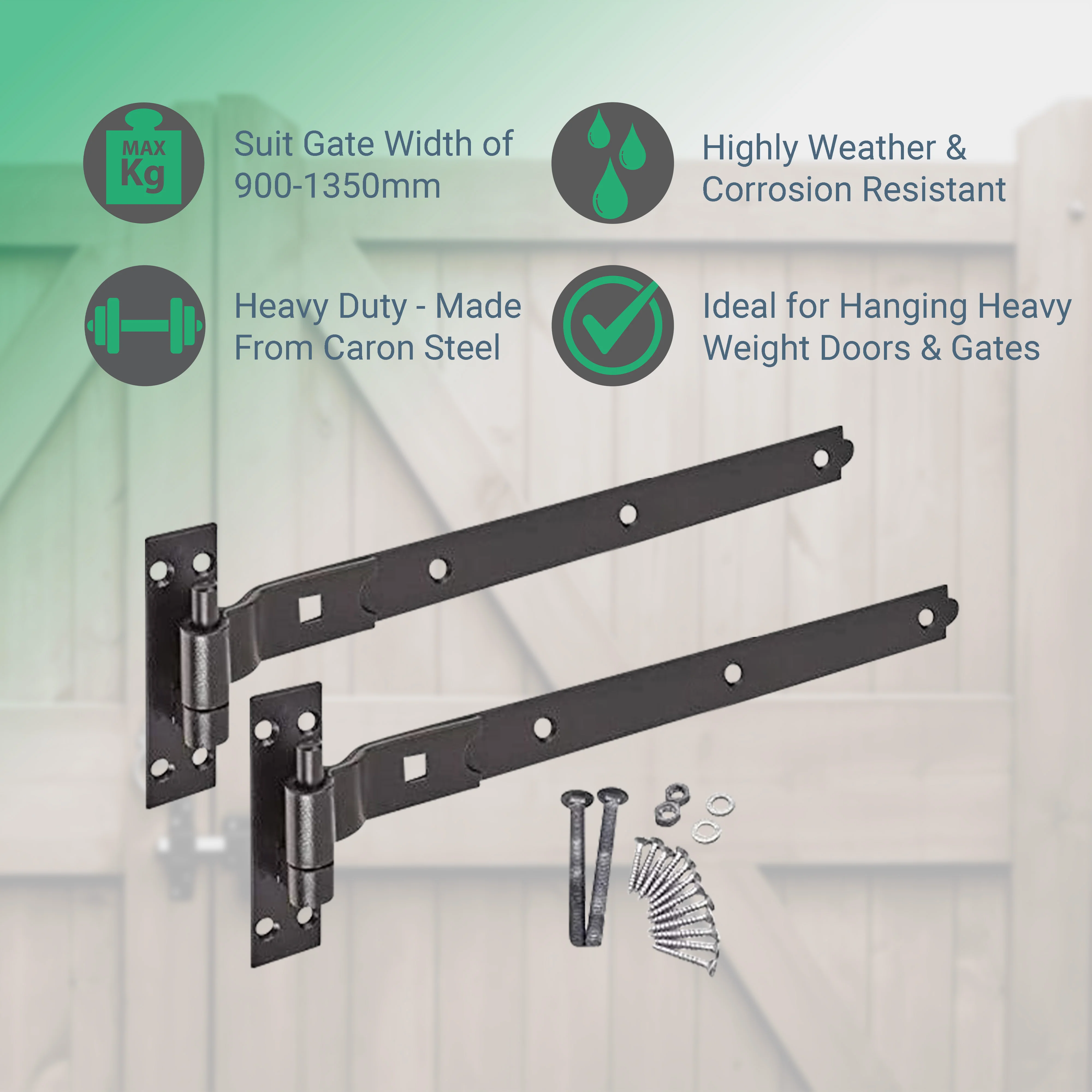 Heavy Duty Cranked Hook & Band Gate Garage Hinges - 450mm / 18" - Black (Pair) - Image 2