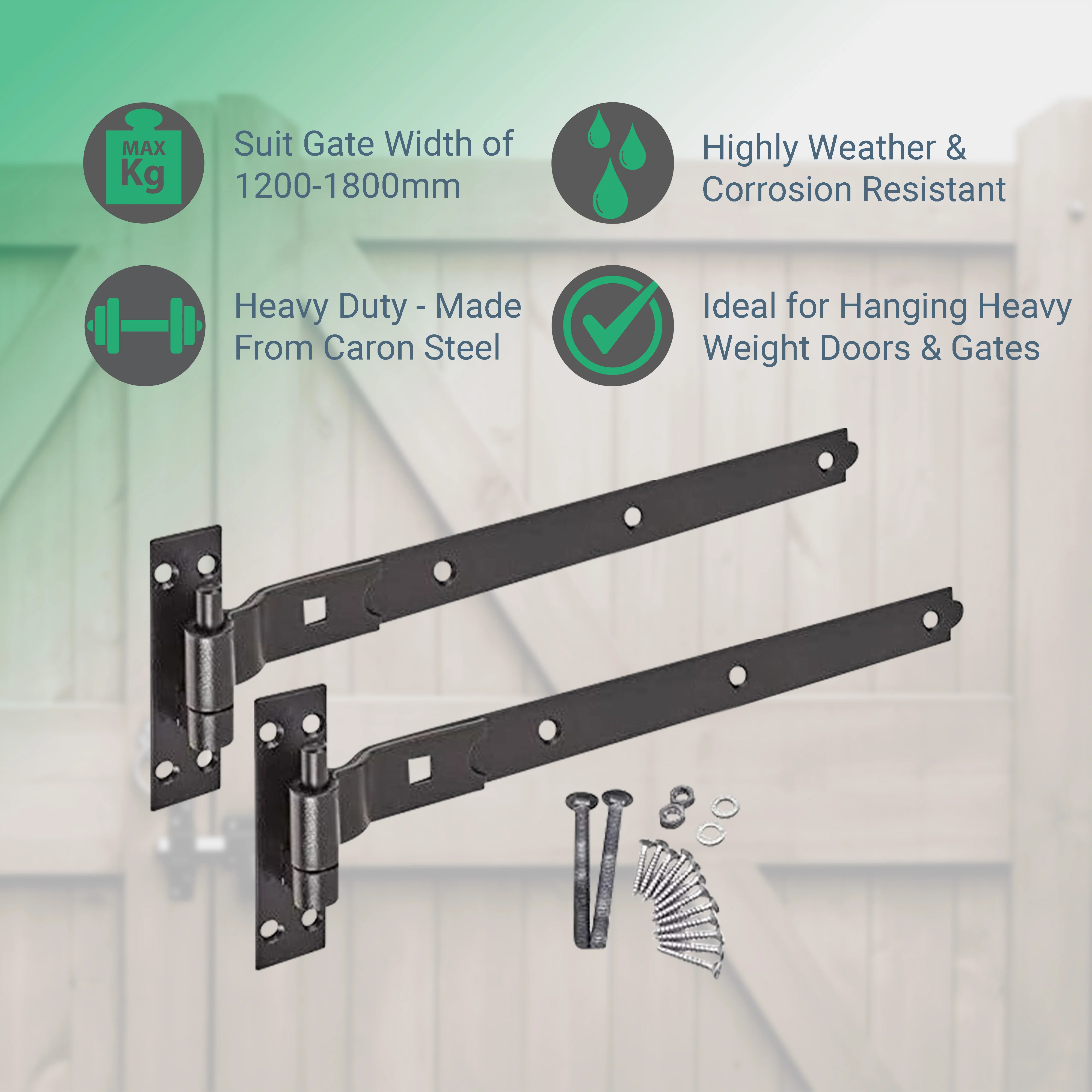 Gate Garage Hinges Cranked Hook Band Pair & Fixings - 600mm / 24" - Black (Pair) - Image 2
