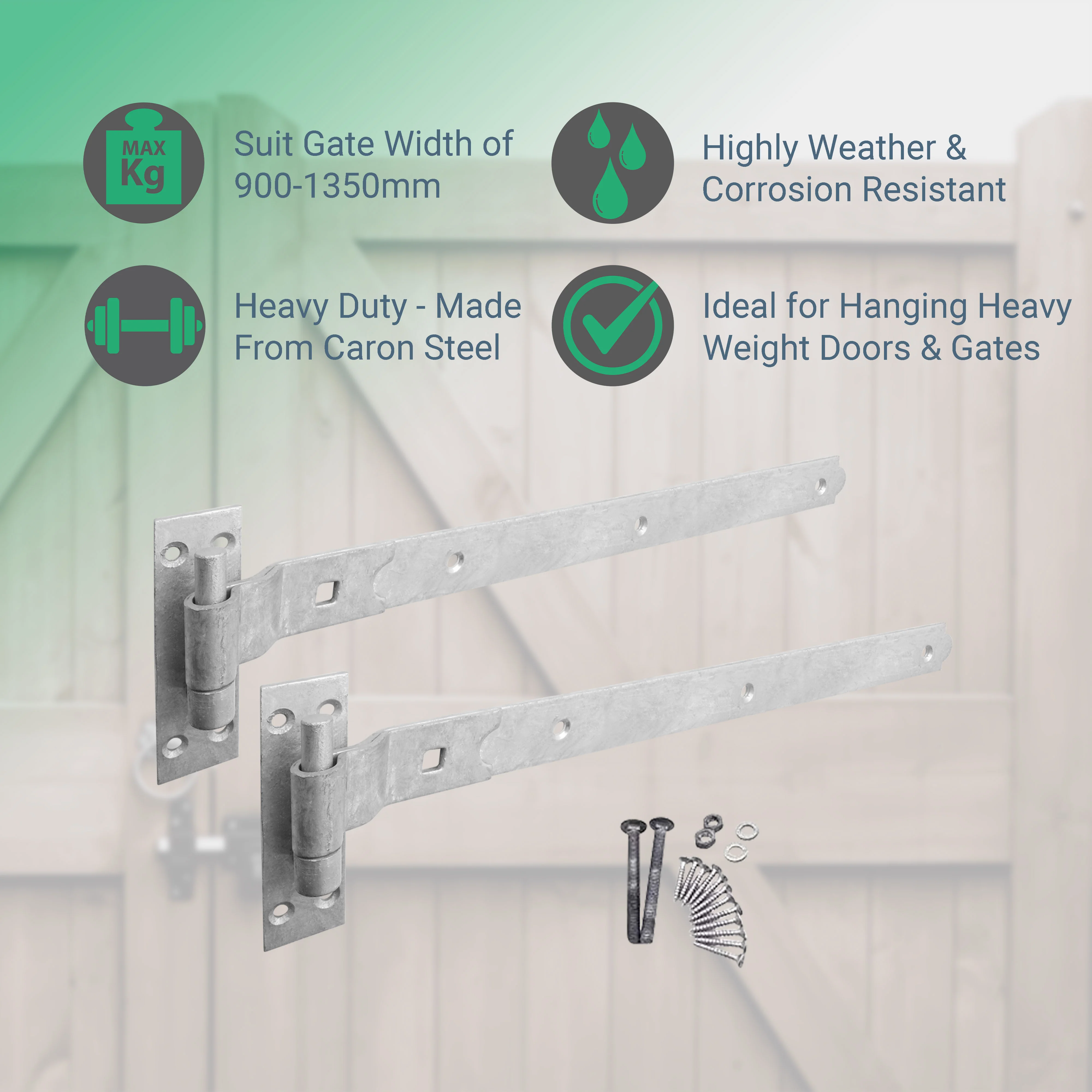 Heavy Duty Cranked Hook & Band Gate Garage Hinges - 400mm / 16" - Galvanised (Pair) - Image 2