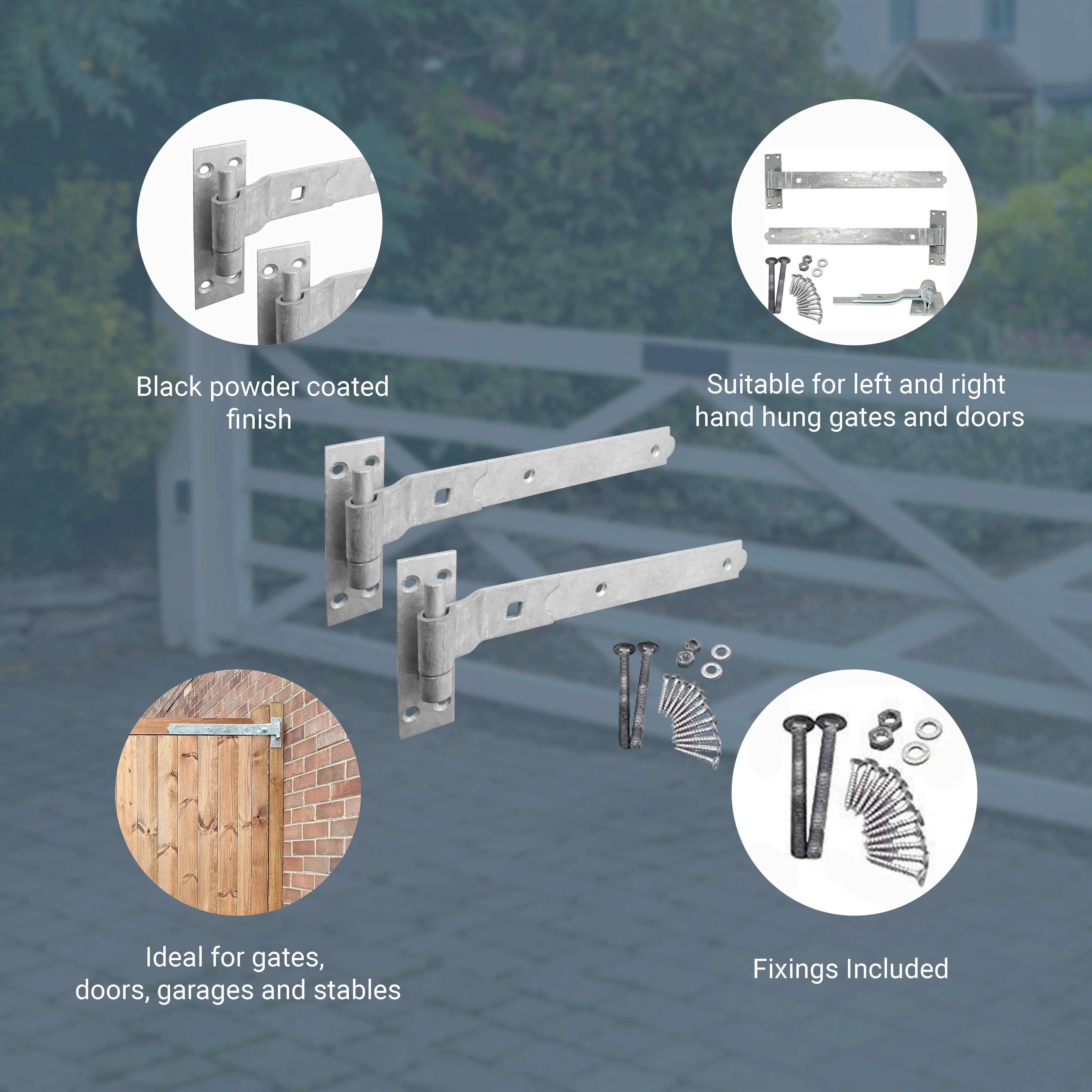 Heavy Duty Cranked Hook & Band Gate Garage Hinges - 400mm / 16" - Galvanised (Pair) - Image 4