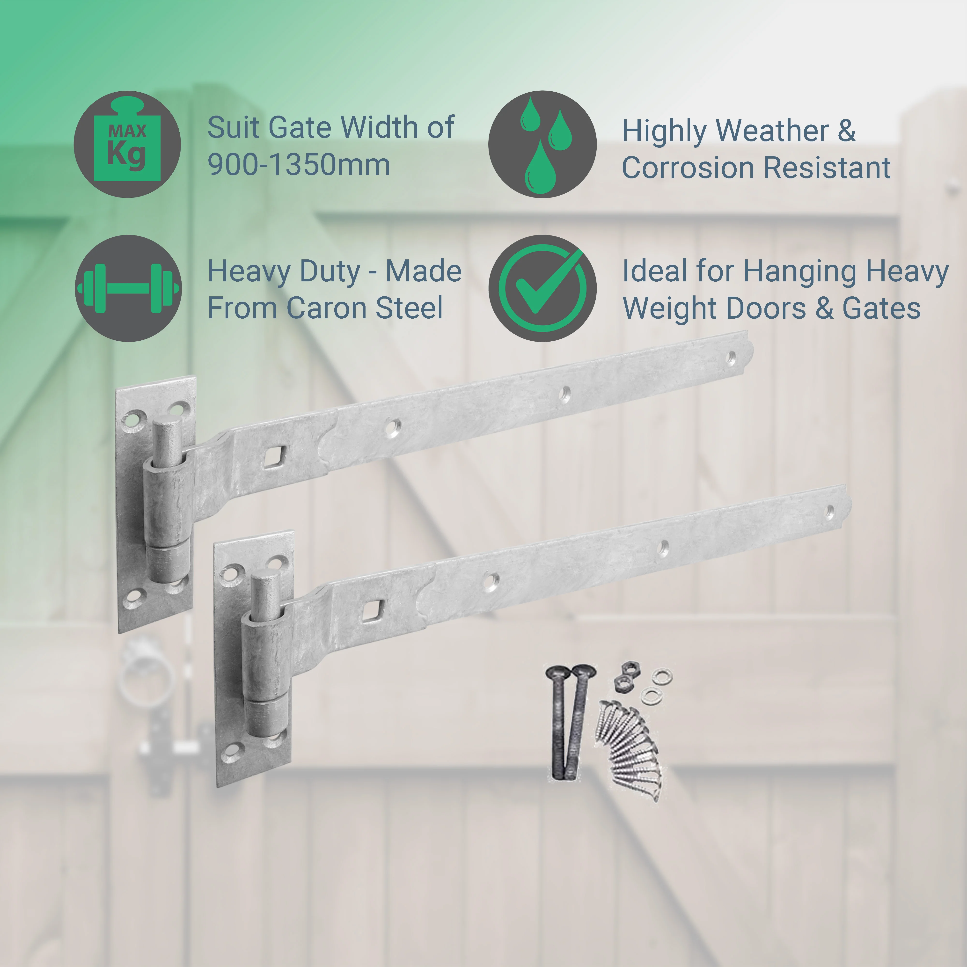 Heavy Duty Cranked Hook & Band Gate Garage Hinges - 450mm / 18" - Galvanised (Pair) - Image 2
