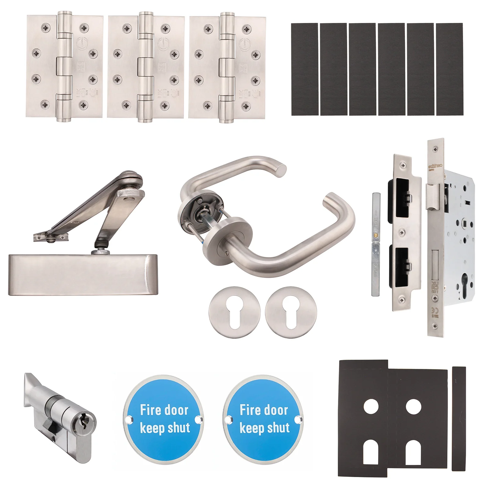 Fire Door Kit - HMO Apartment Entrance Kit - Heavy Duty - Keyed Differ - Satin Stainless Steel