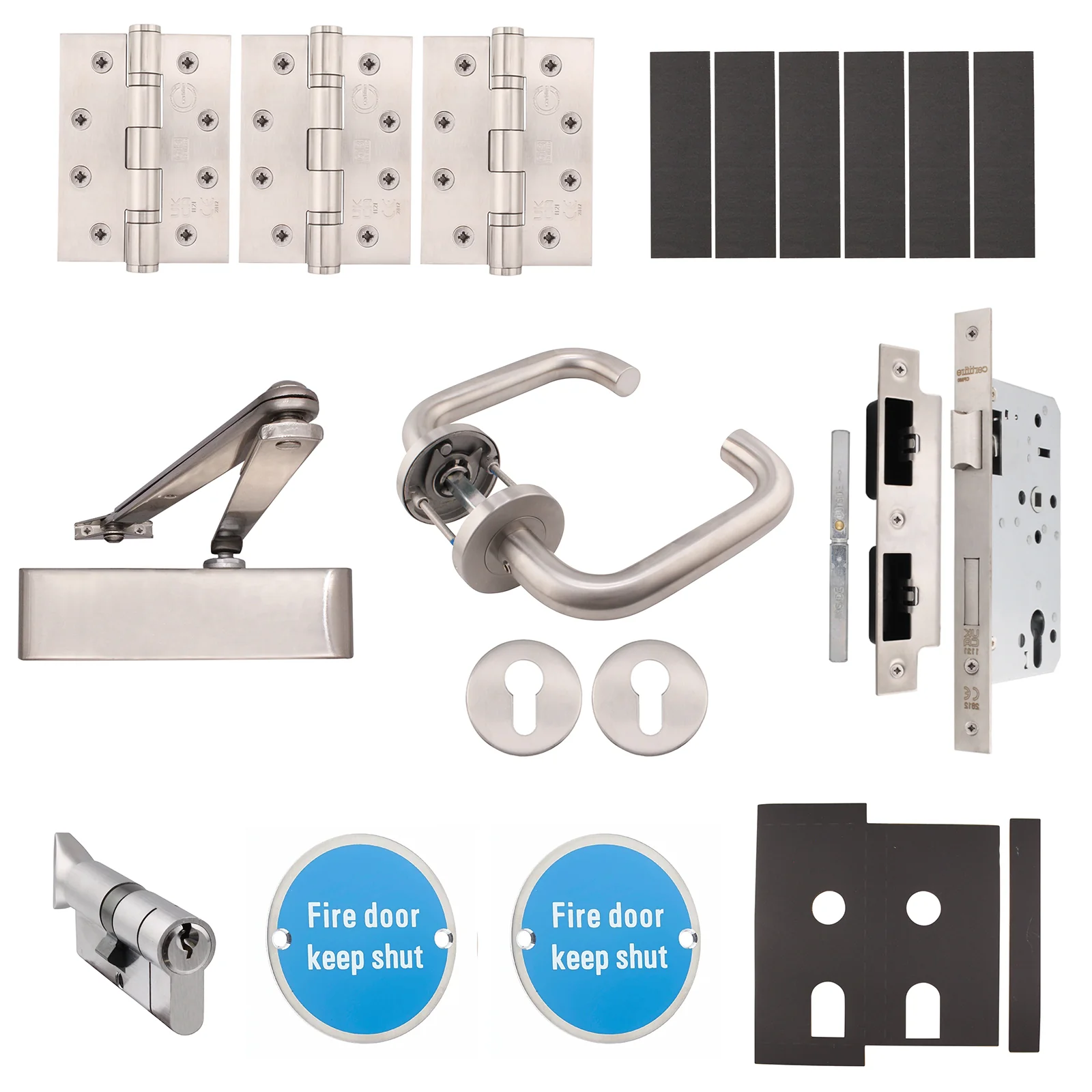 Fire Door Kit - HMO Apartment Entrance Kit - Heavy Duty - Master Keyed - Satin Stainless Steel
