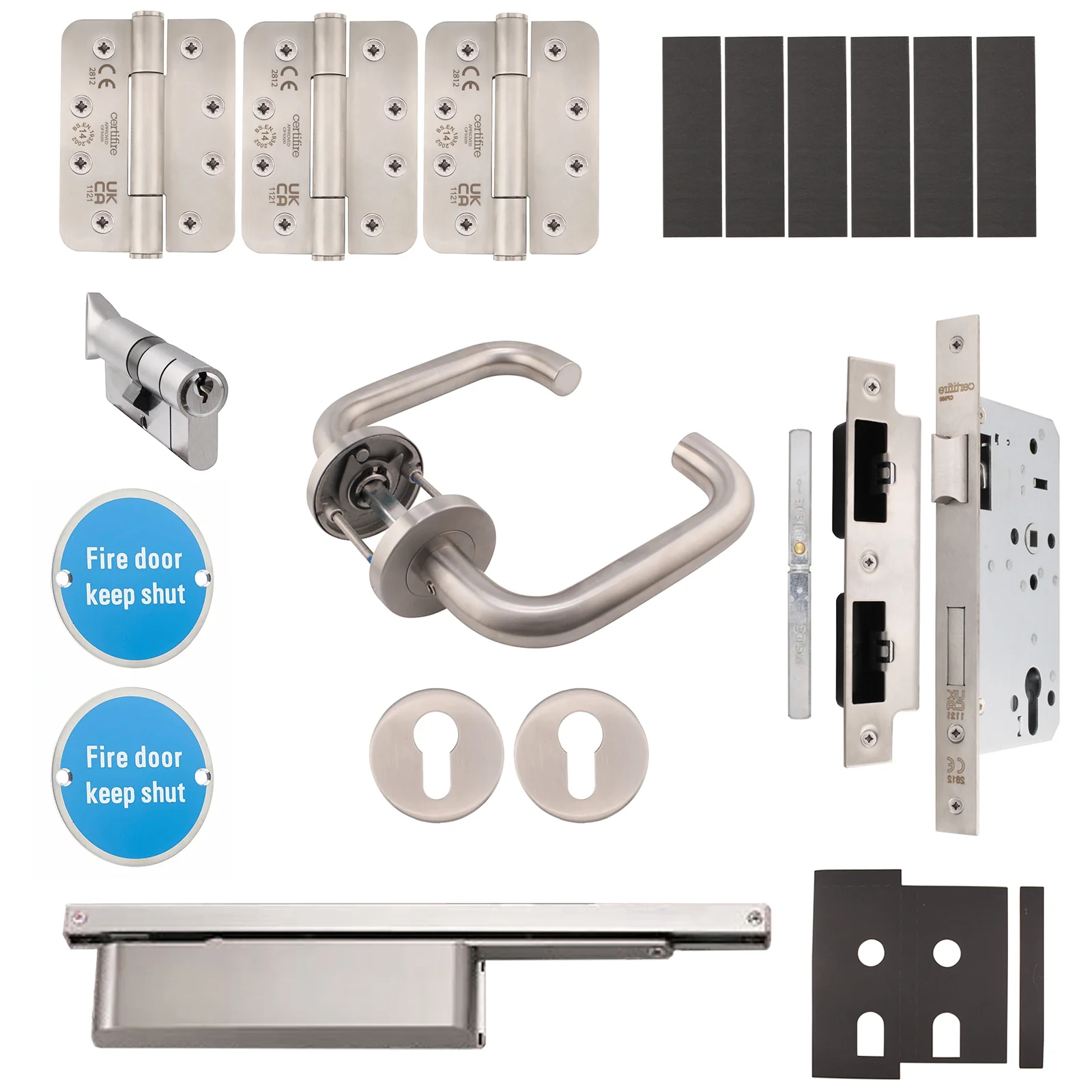 Fire Door Kit - HMO Apartment Entrance Kit - Severe Duty - Master Keyed - Satin Stainless Steel