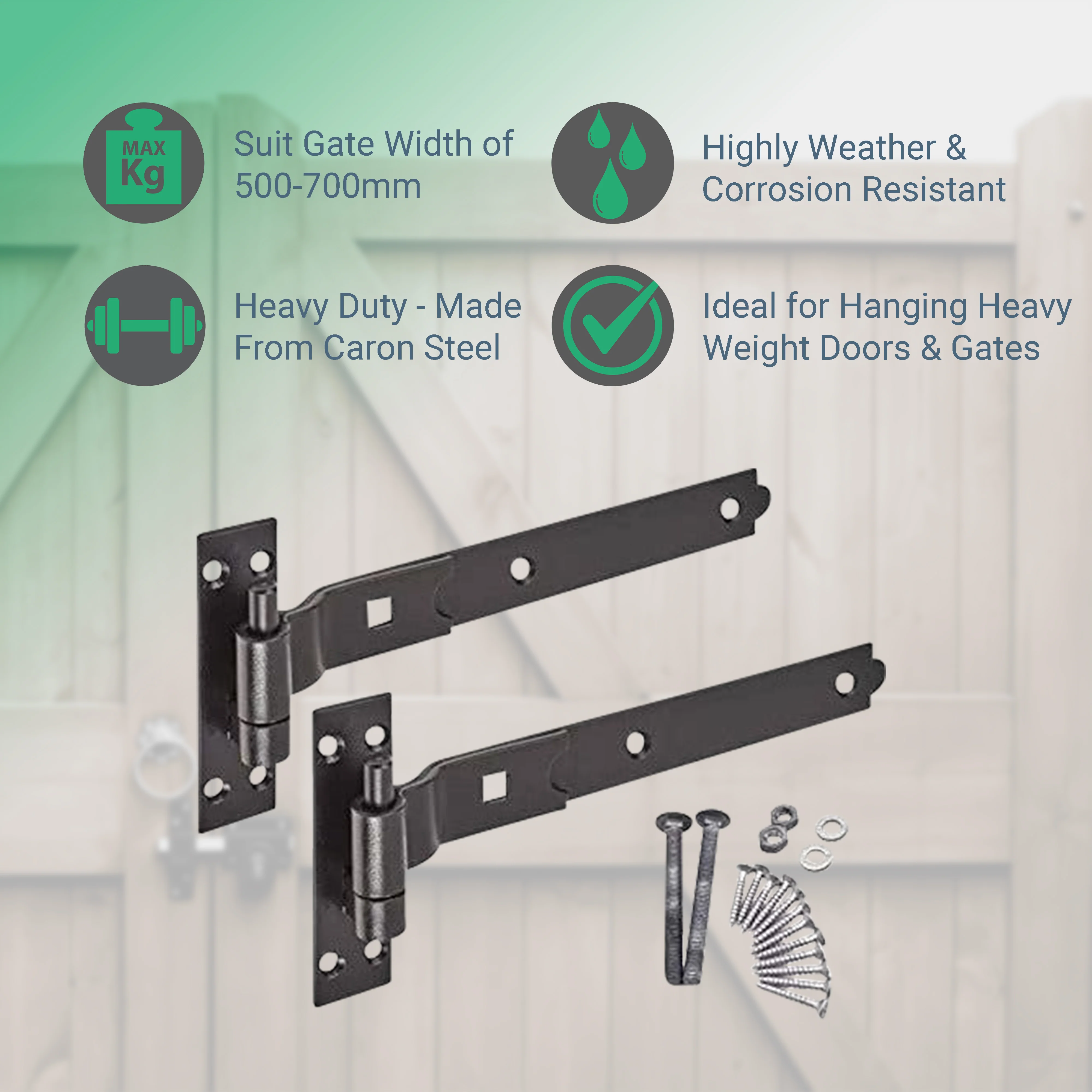 Heavy Duty Cranked Hook & Band Gate Garage Hinges - 250mm / 10" - Black (Pair) - Image 2