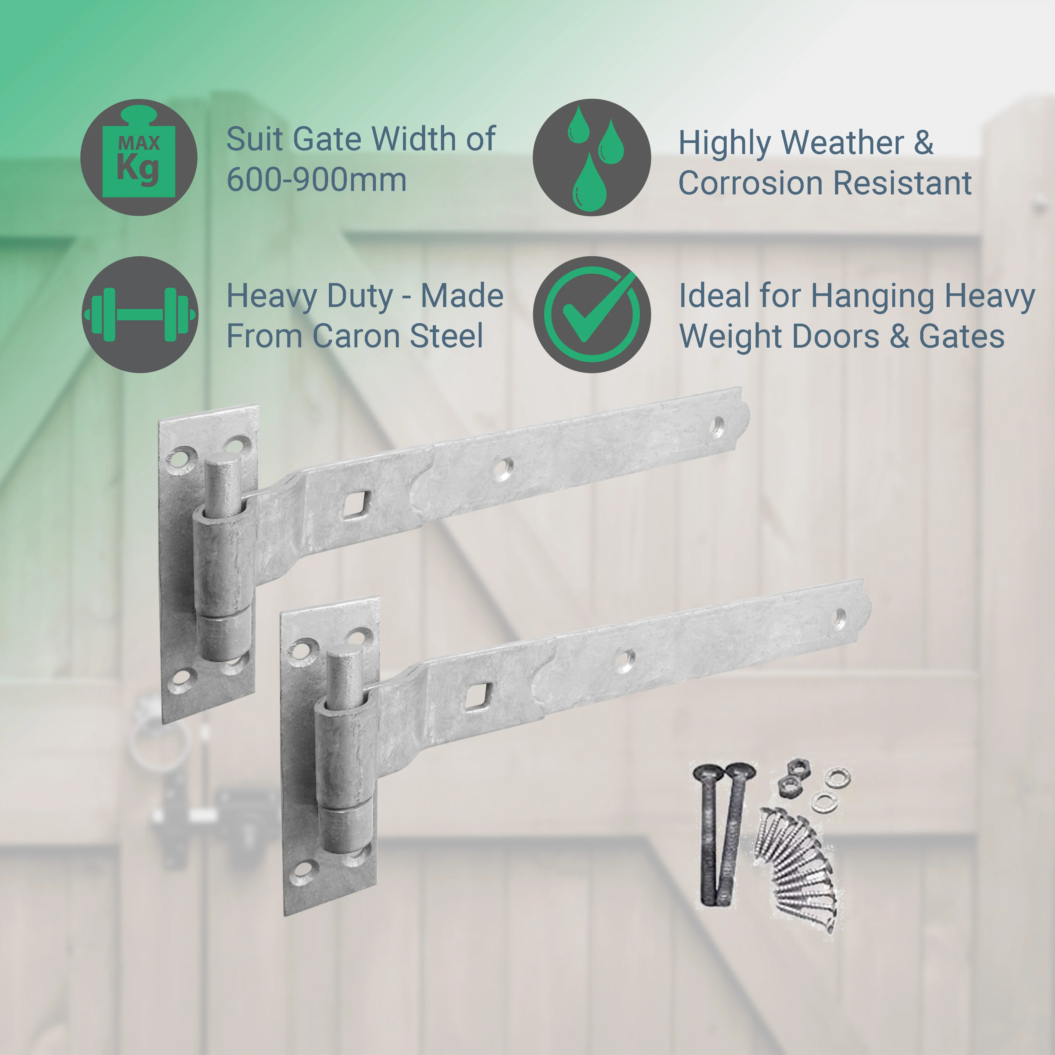 Heavy Duty Cranked Hook & Band Gate Garage Hinges - 300mm / 12" - Galvanised (Pair) - Image 2