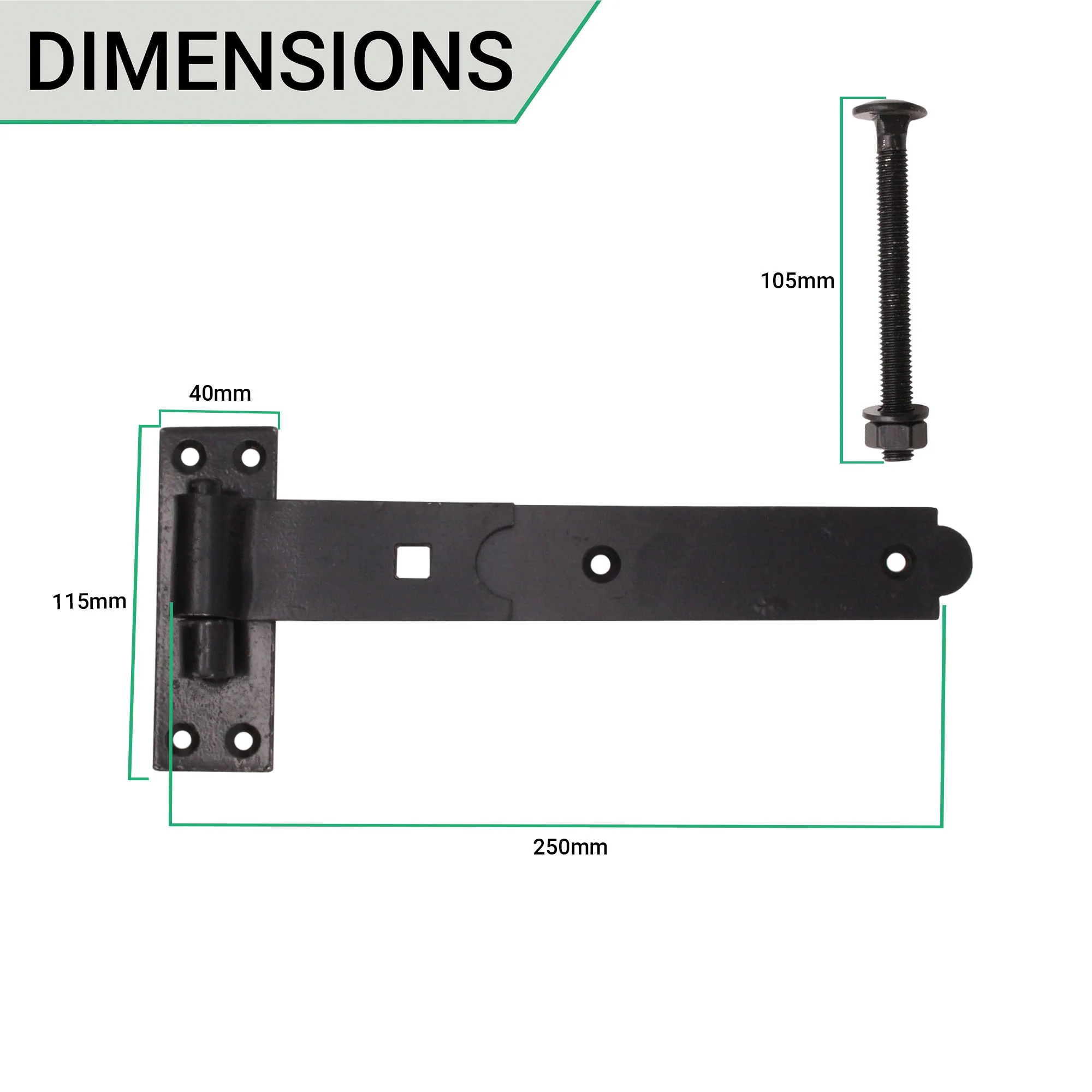 Gate Garage Hinges Hook and Band Straight - 250mm - Black - Image 2