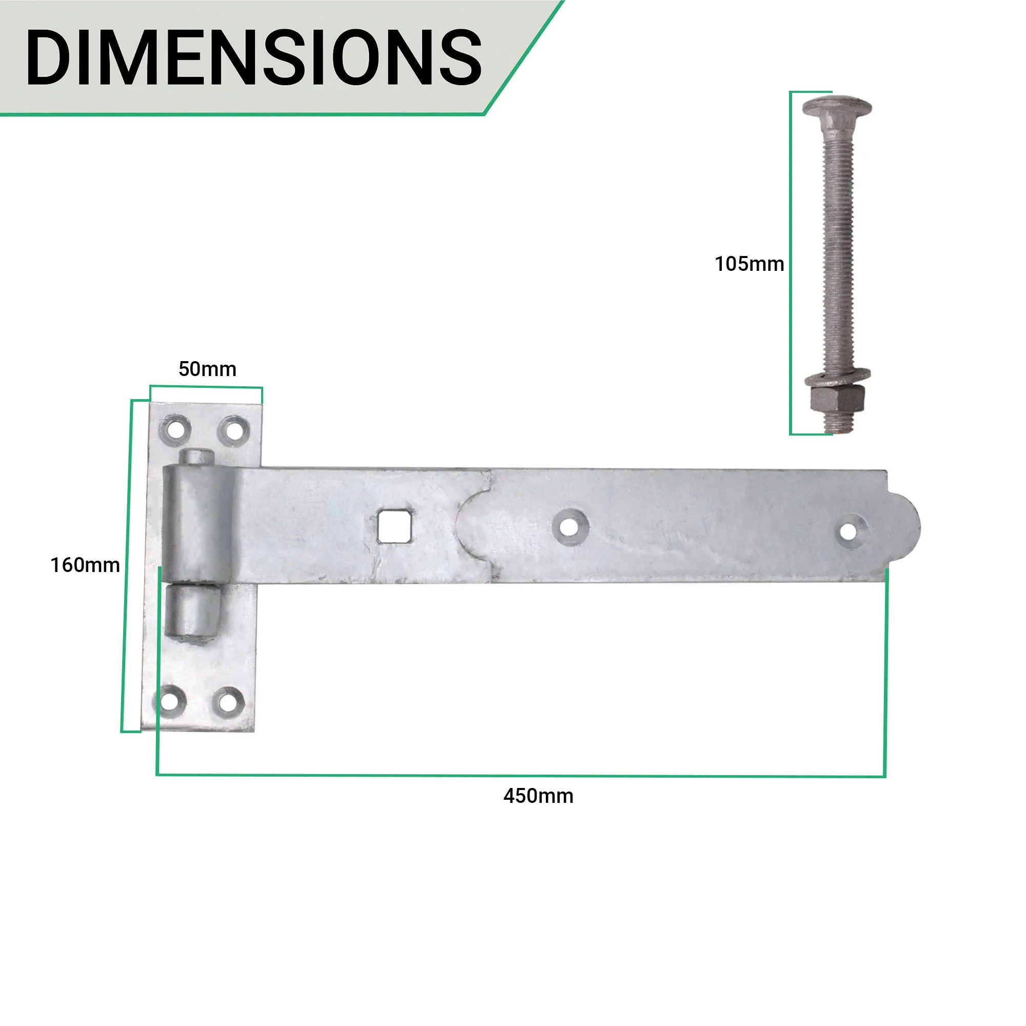 Gate Garage Hinges Hook and Band Straight - 450mm - Galvanised - Image 2
