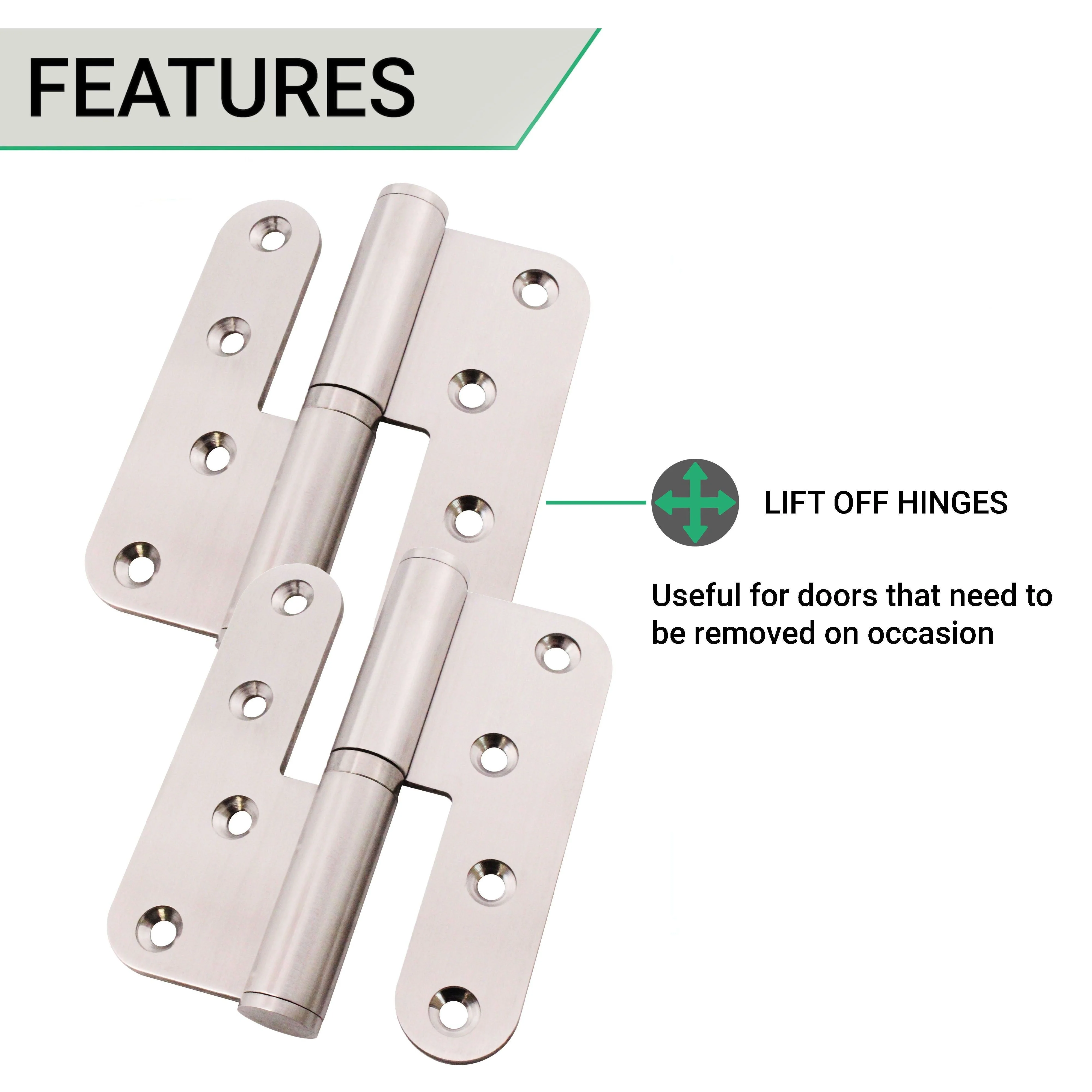 Journal Lift Off Hinges 4" Stainless Steel - Left Hung Open Away - 102x89x3mm - Satin - Pair - Including Screws - Image 4