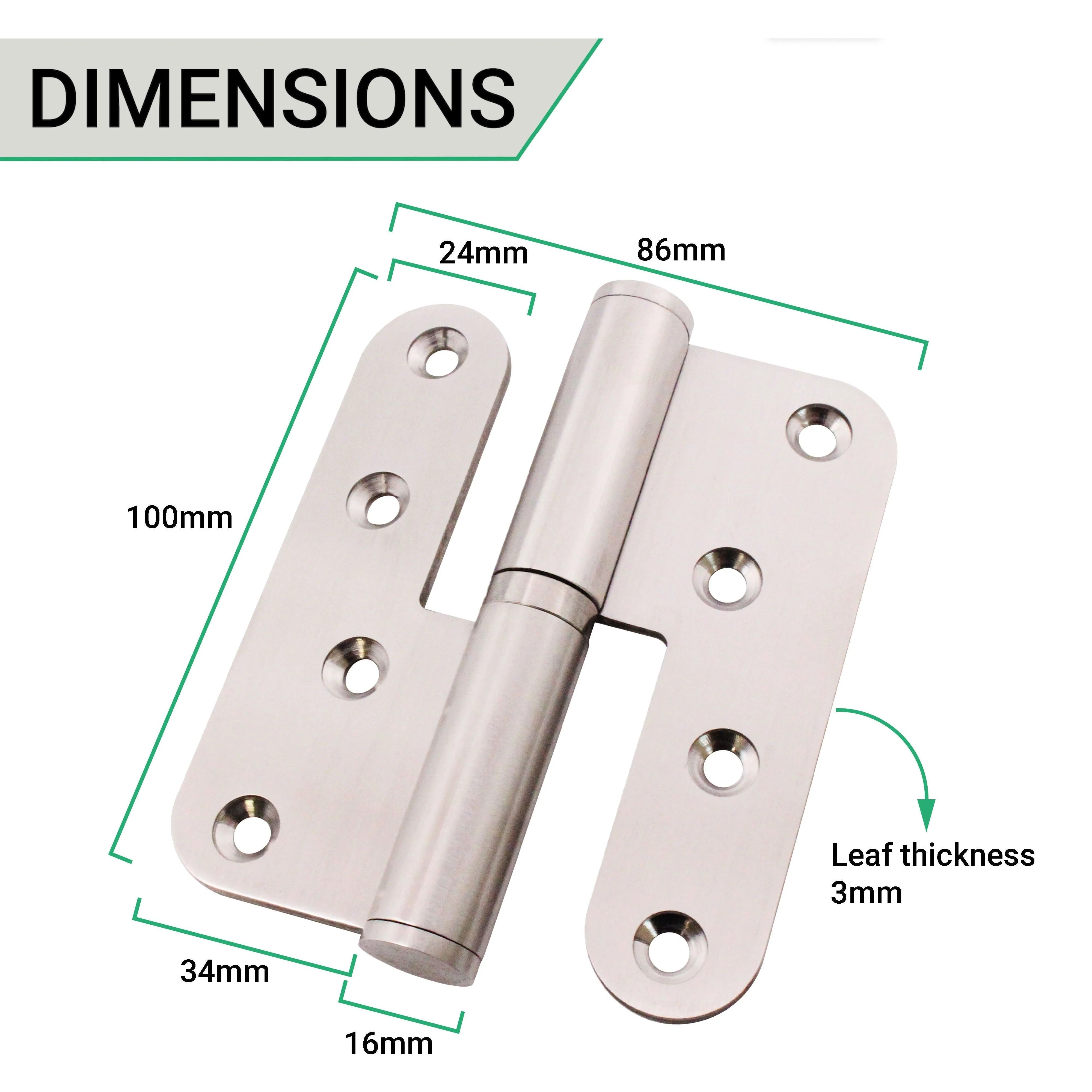 Journal Lift Off Hinges 4" Stainless Steel - Left Hung Open Away - 102x89x3mm - Satin - Pair - Including Screws - Image 5
