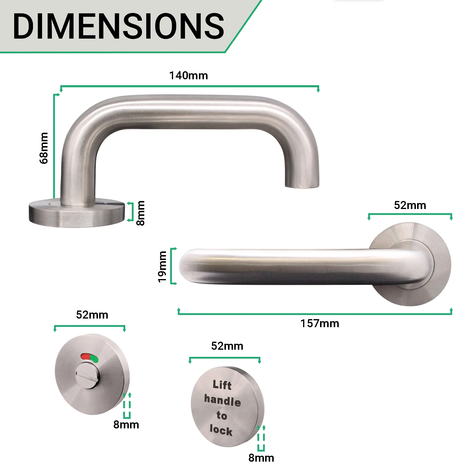Lift To Lock Disabled Bathroom Toilet Door Lever Handle - 19mm - Satin Stainless Steel - Image 3