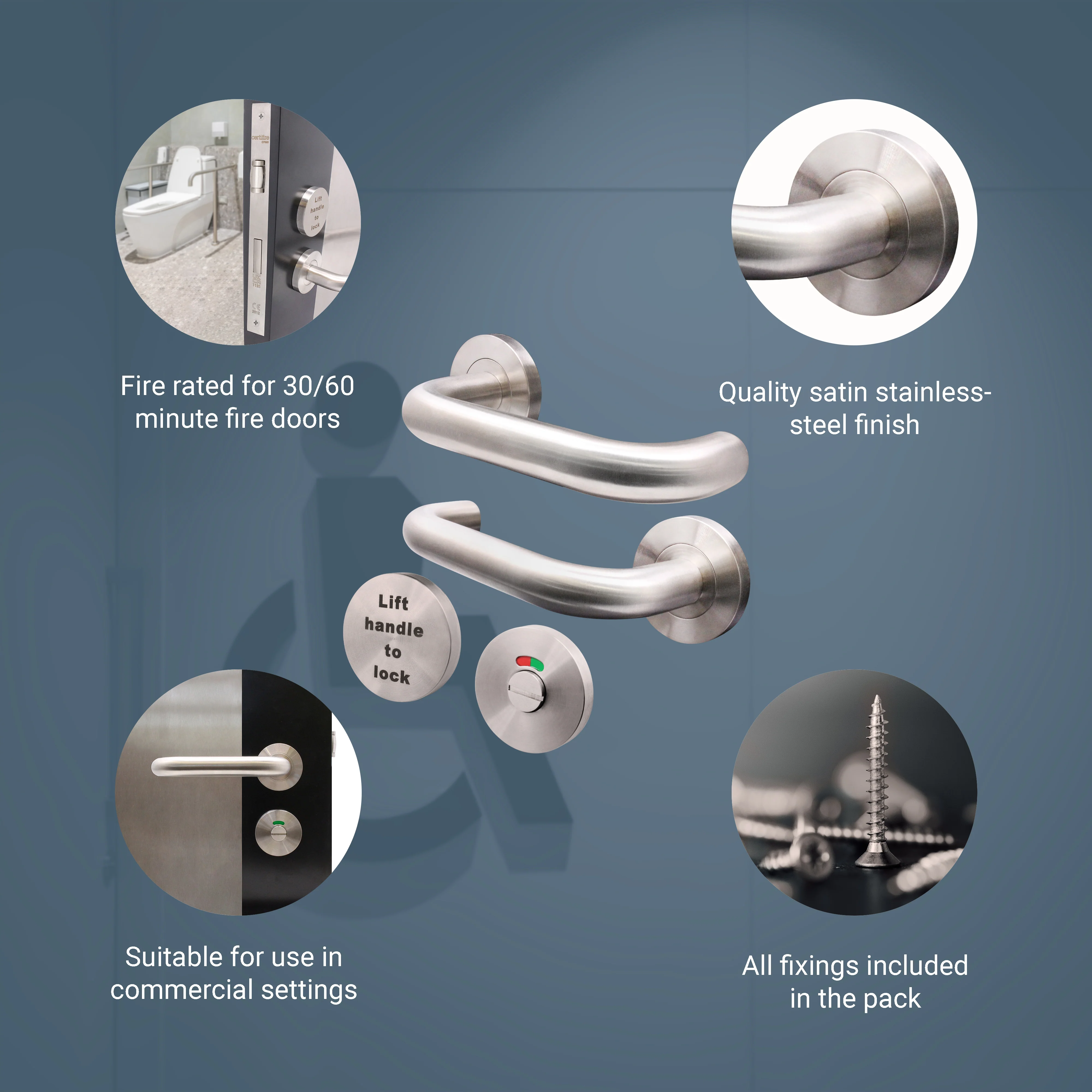 Lift To Lock Disabled Bathroom Toilet Door Lever Handle - 19mm - Satin Stainless Steel - Image 5