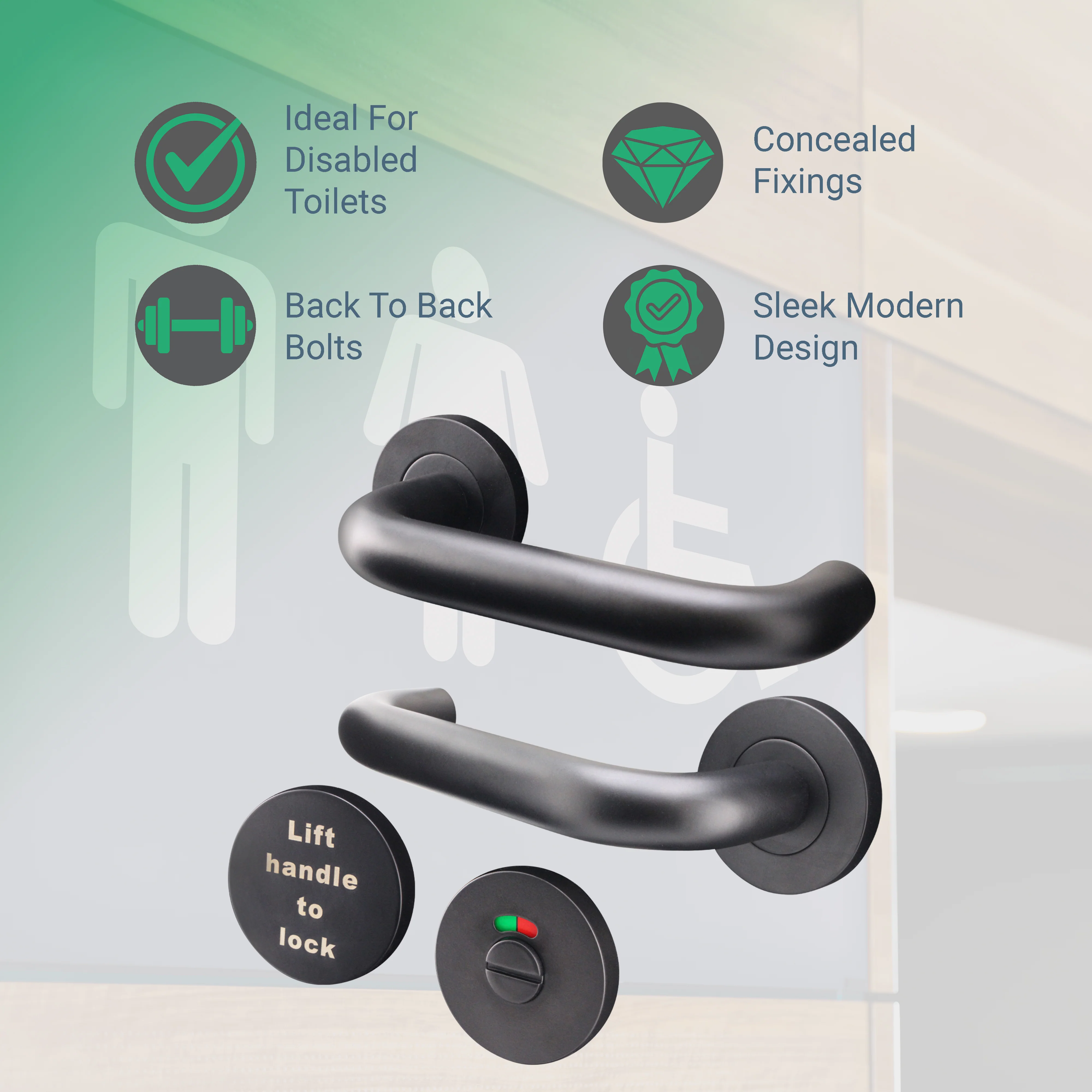 Lift To Lock Disabled Bathroom Toilet Door Lever Handle - 19mm - Matt Black - Image 2