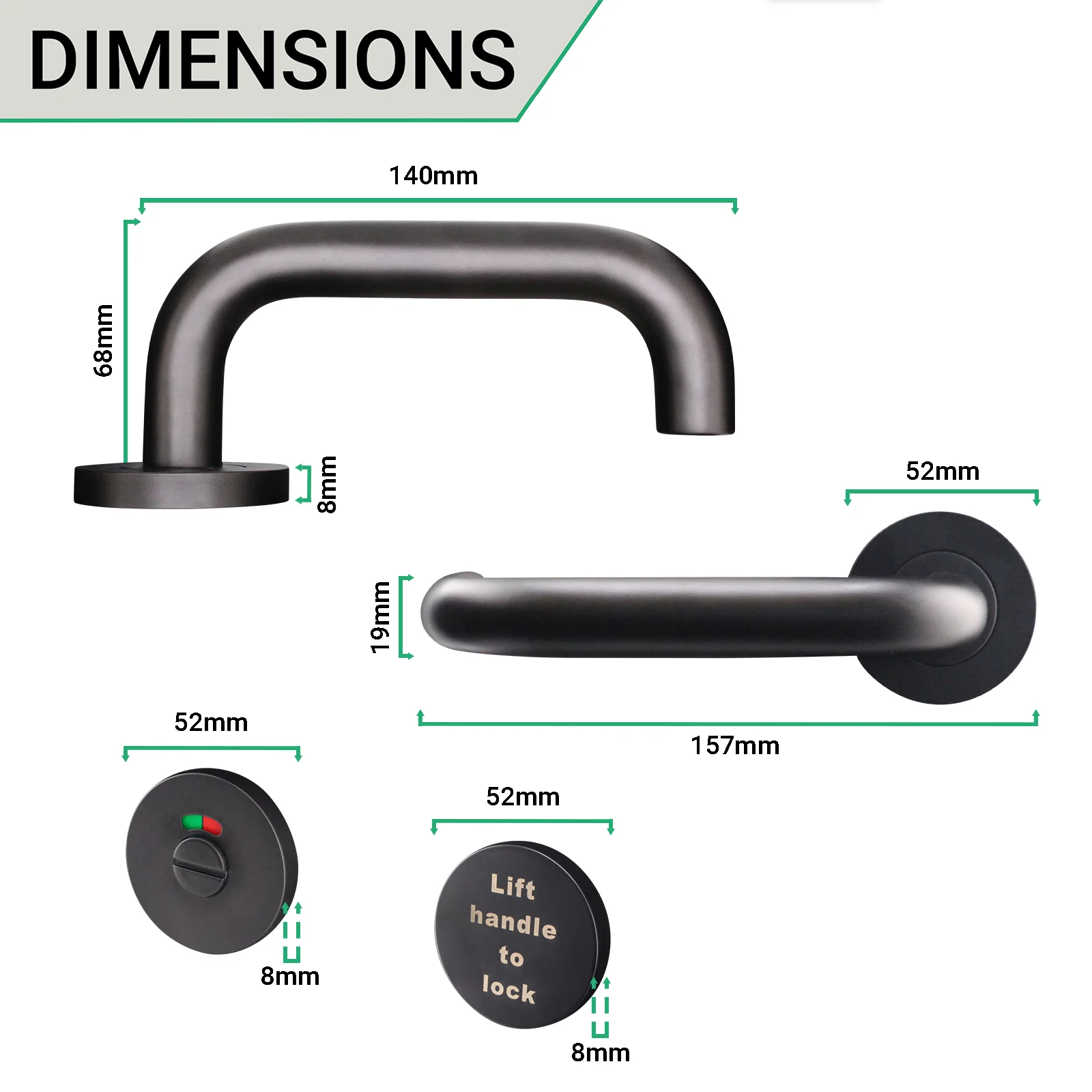 Lift To Lock Disabled Bathroom Toilet Door Lever Handle - 19mm - Matt Black - Image 3