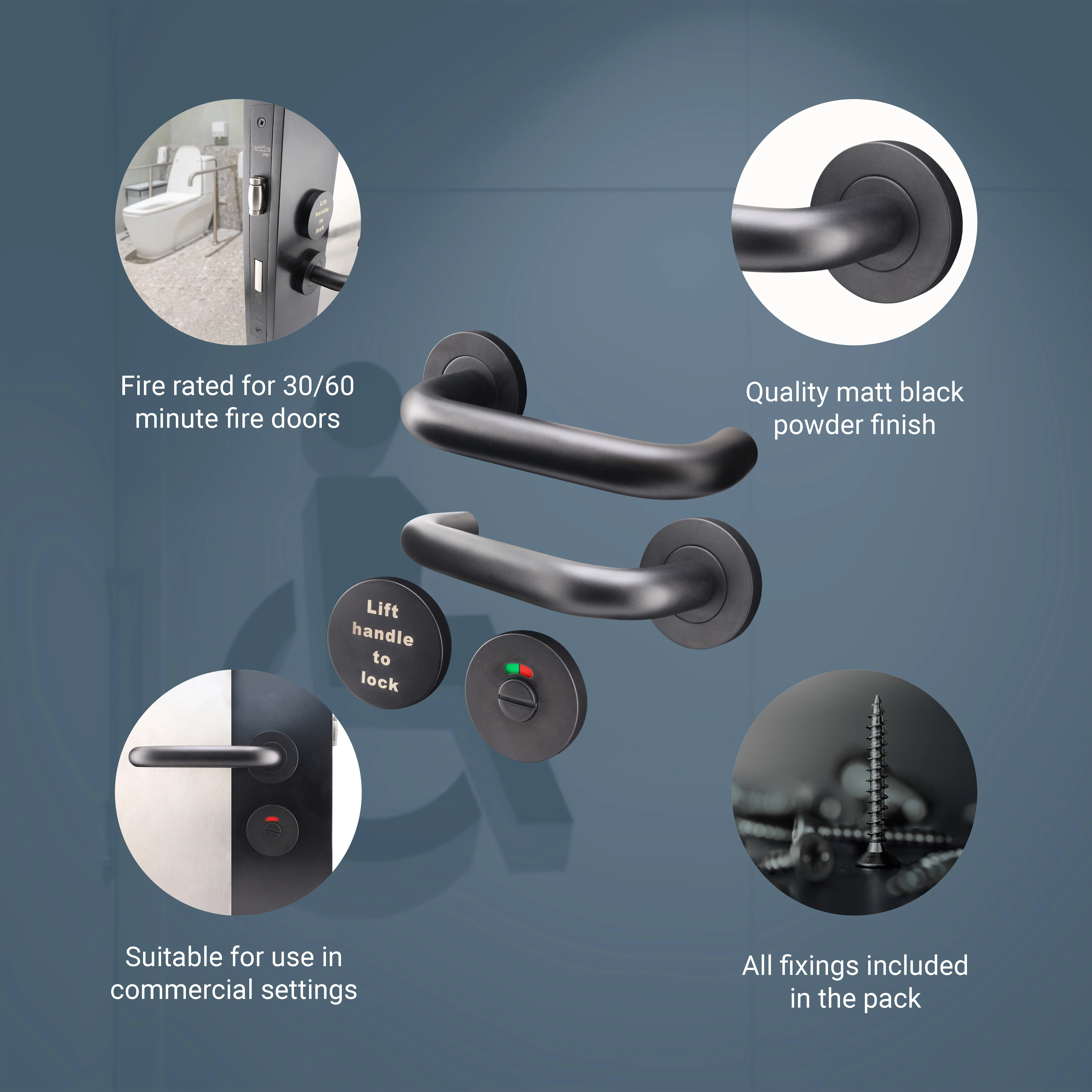 Lift To Lock Disabled Bathroom Toilet Door Lever Handle - 19mm - Matt Black - Image 4