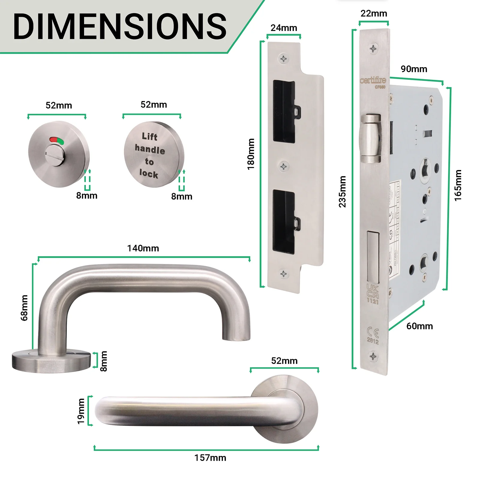 Lift To Lock Kit Disabled Bathroom Toilet Door Lever Handle & Lock - 19mm - Satin Stainless Steel - BS8300 Equality Act - Image 3
