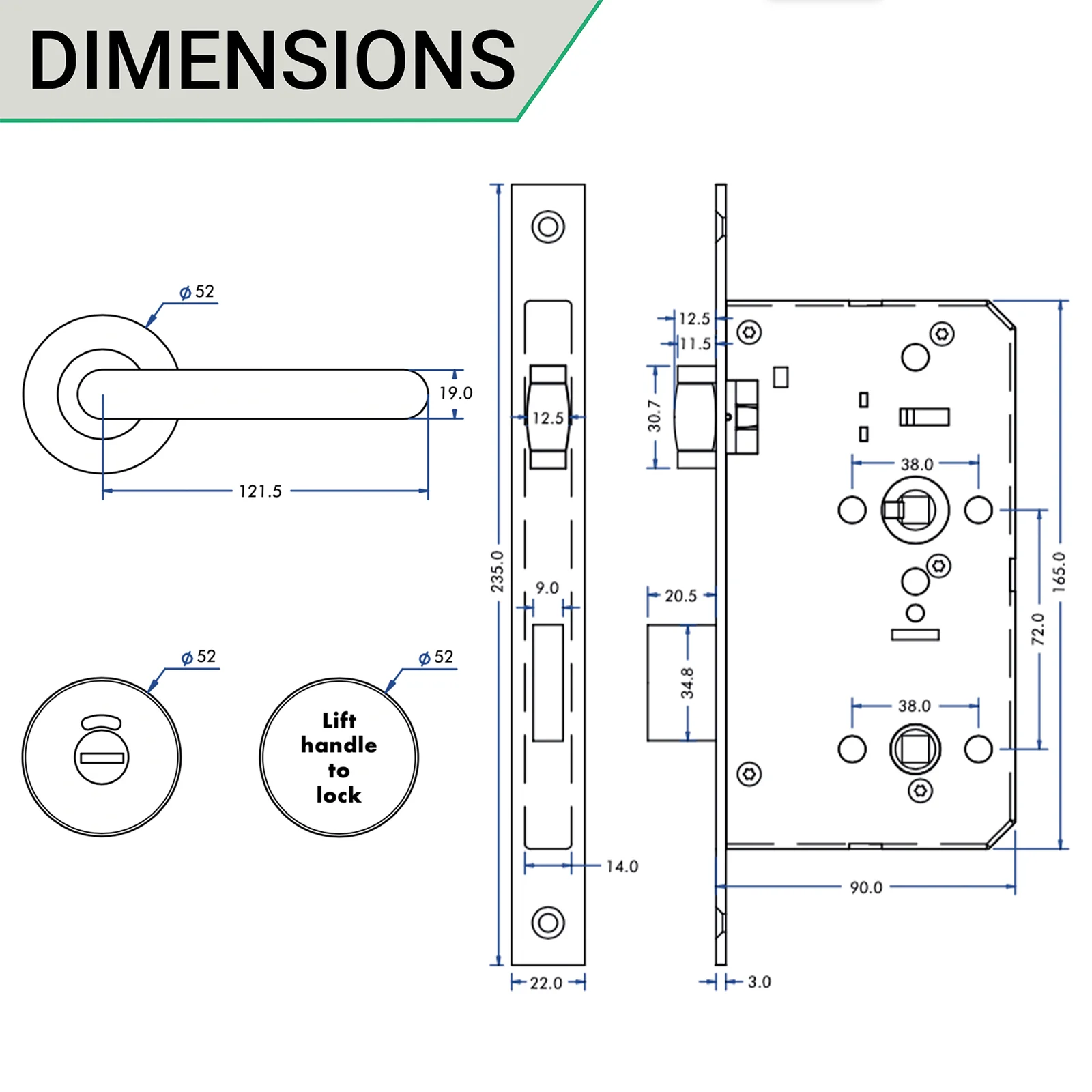 Lift To Lock Kit Disabled Bathroom Toilet Door Lever Handle & Lock - 19mm - Satin Stainless Steel - BS8300 Equality Act - Image 4