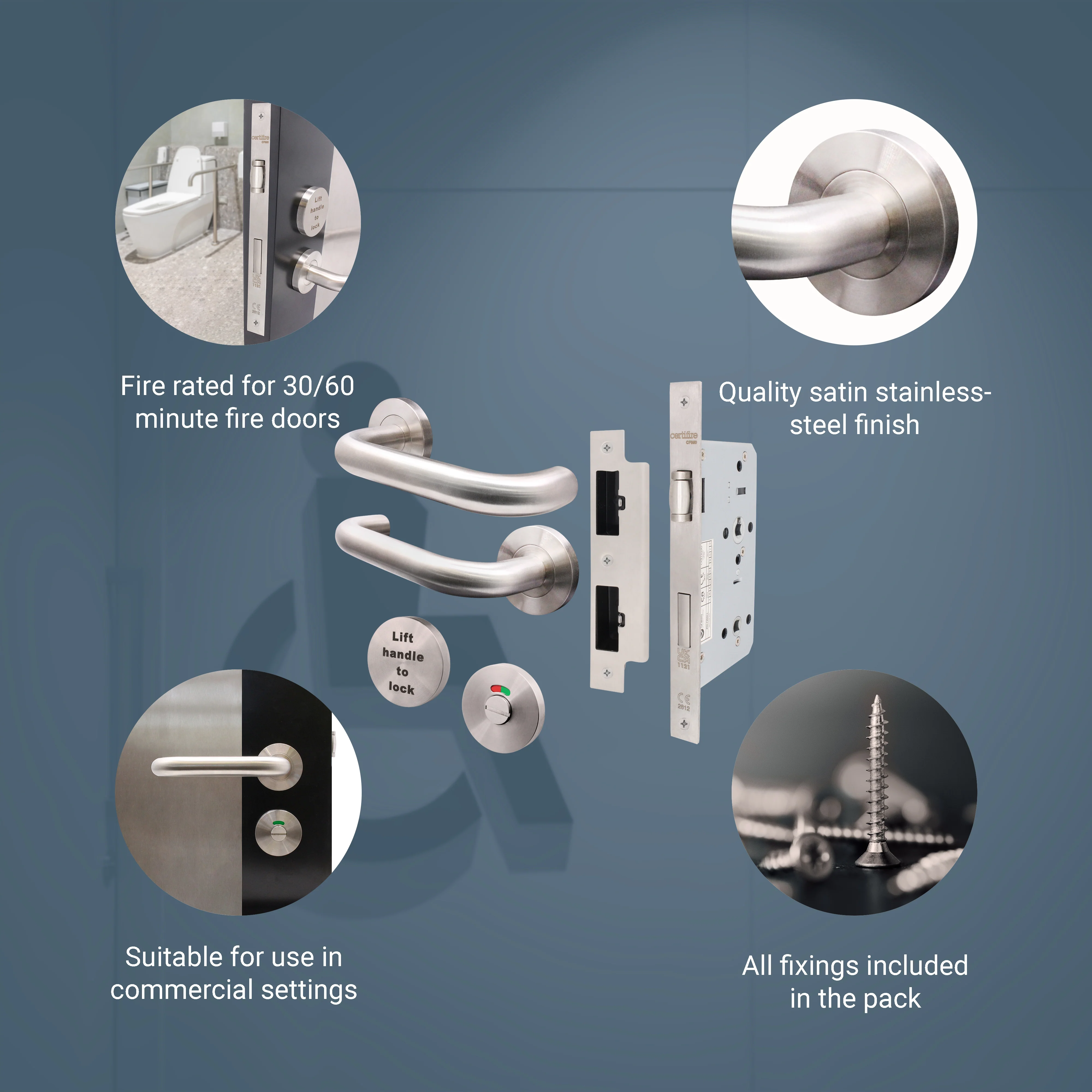 Lift To Lock Kit Disabled Bathroom Toilet Door Lever Handle & Lock - 19mm - Satin Stainless Steel - BS8300 Equality Act - Image 5
