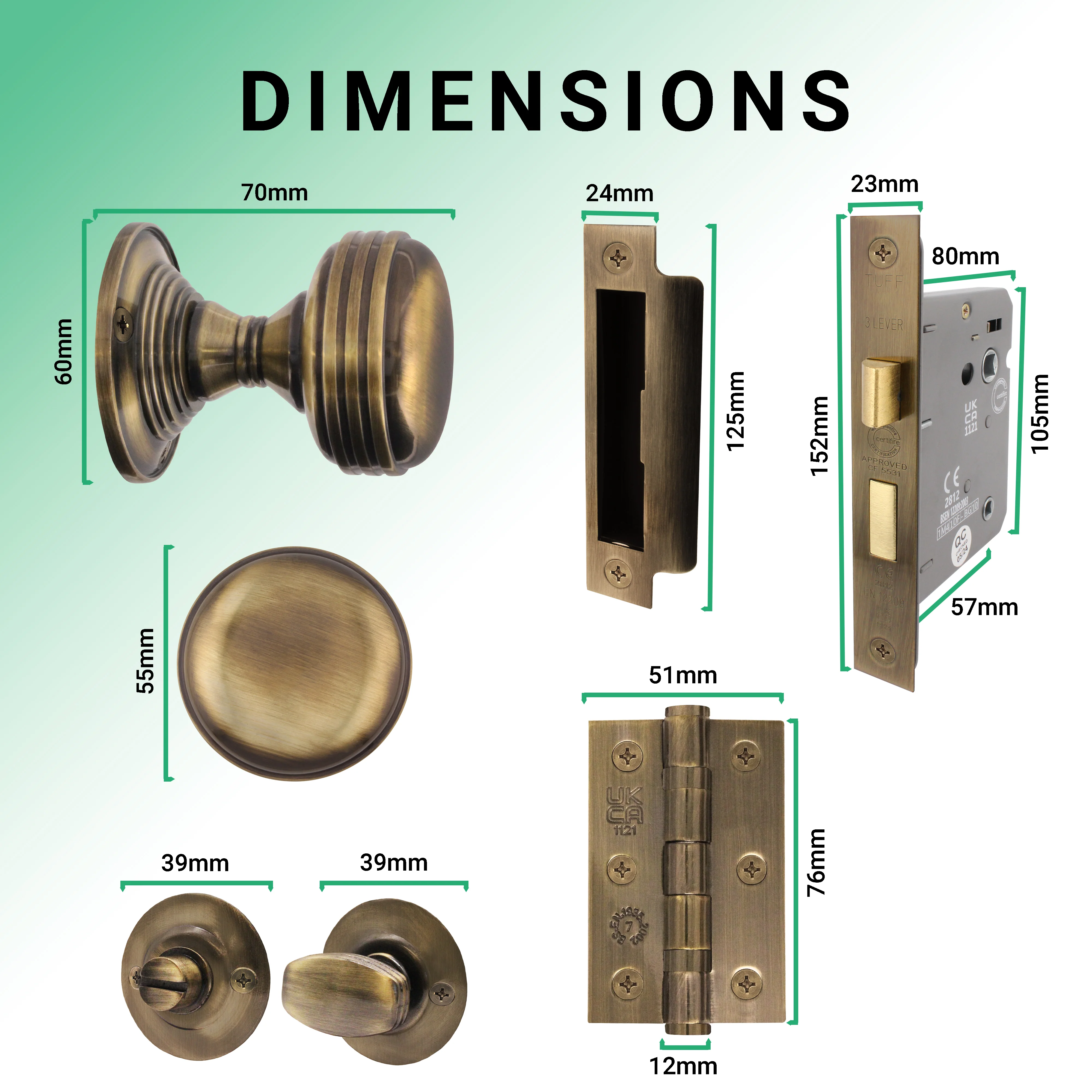 Victorian Ringed Antique Brass Mortice Door Knob Kit - 80mm Bathroom Lock - Image 3