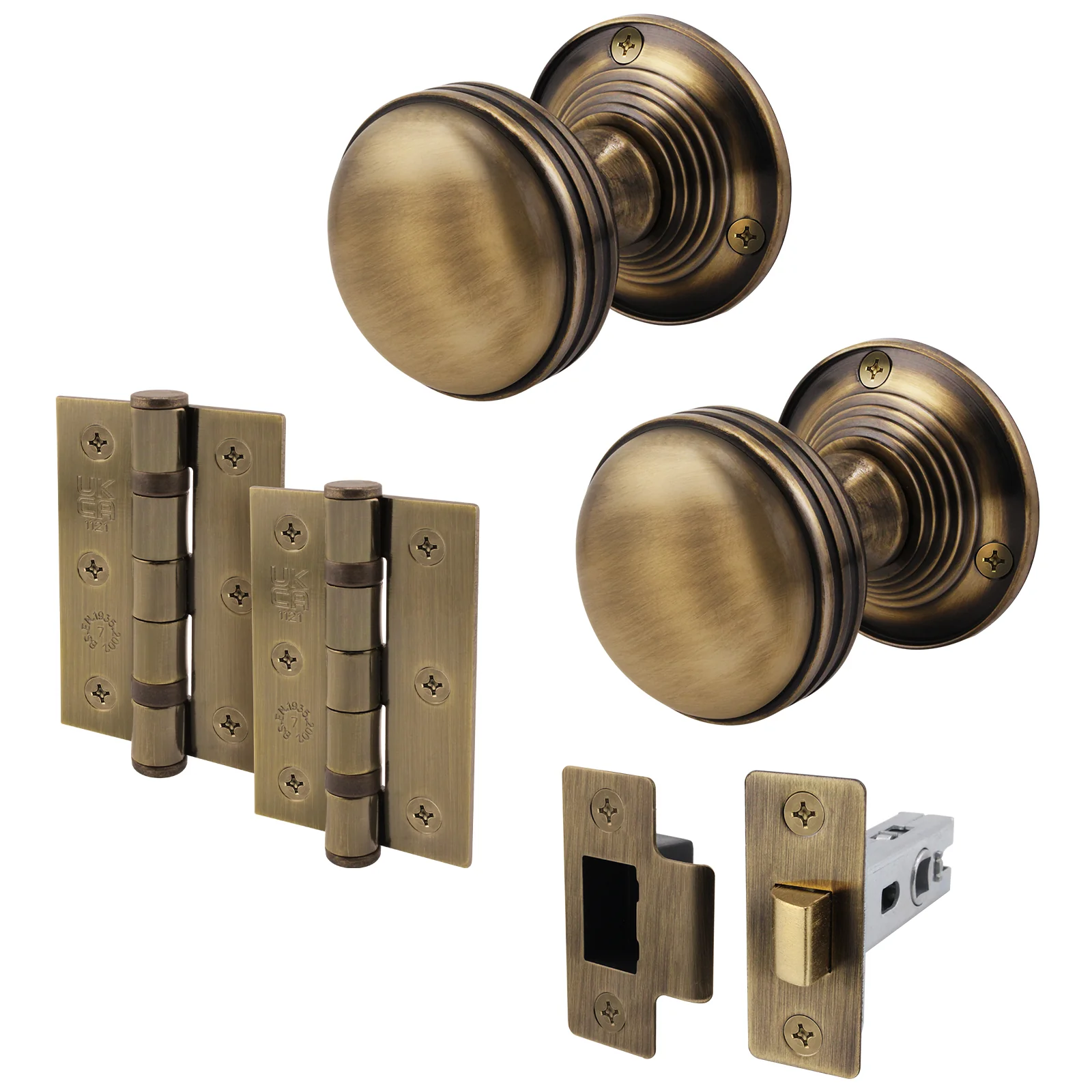 Victorian Ringed Antique Brass Mortice Door Knob Kit - 76mm Latch