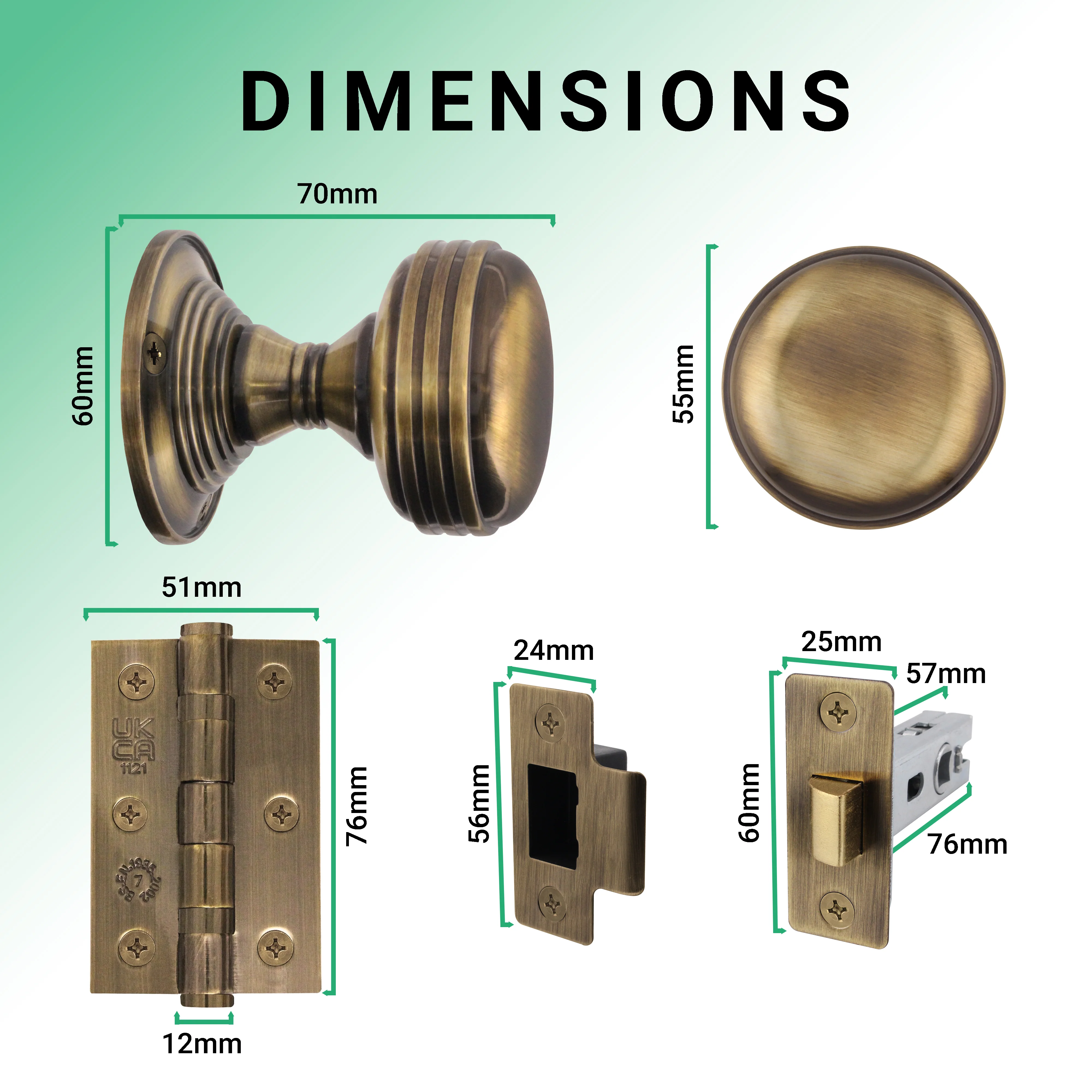 Victorian Ringed Antique Brass Mortice Door Knob Kit - 76mm Latch - Image 3