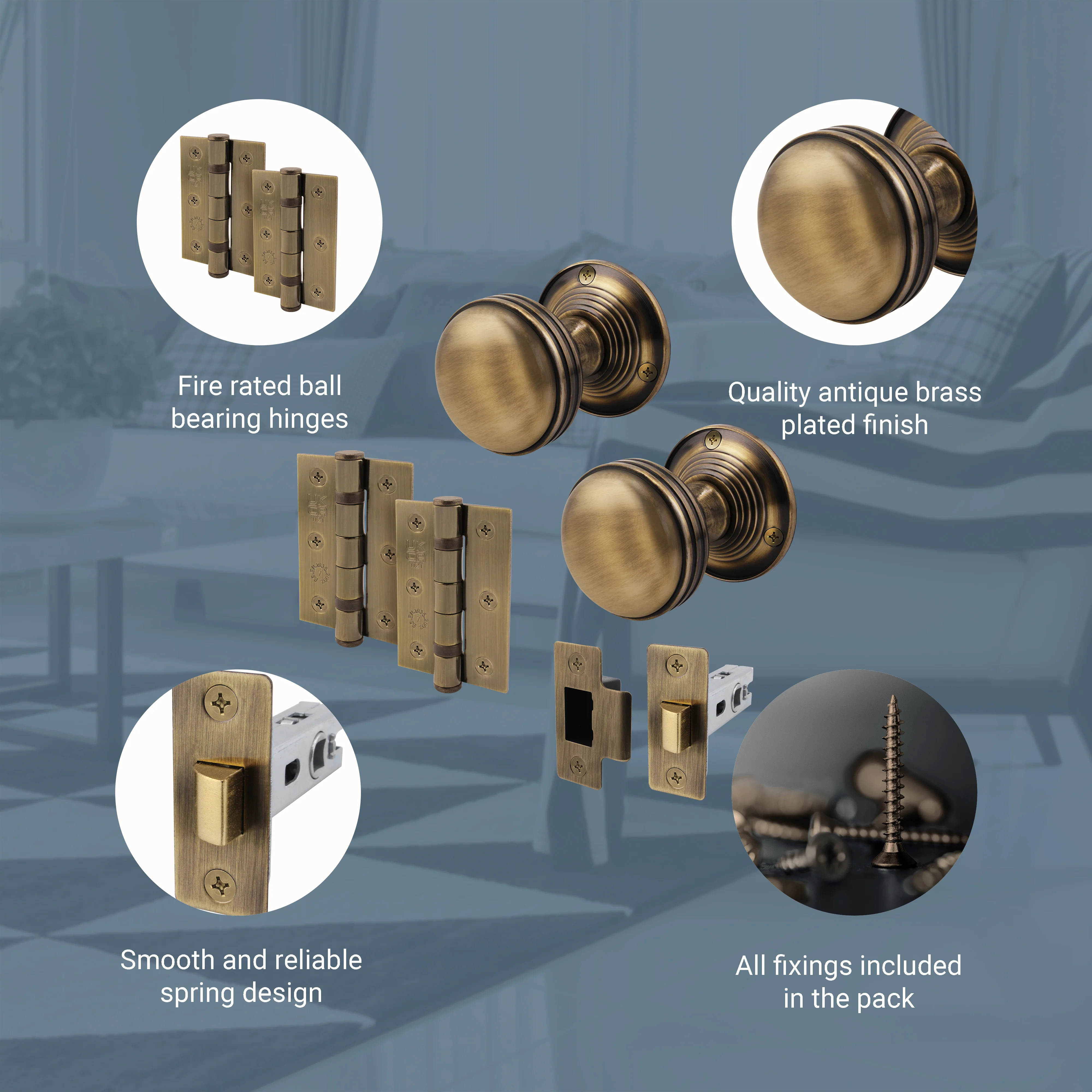 Victorian Ringed Antique Brass Mortice Door Knob Kit - 76mm Latch - Image 4