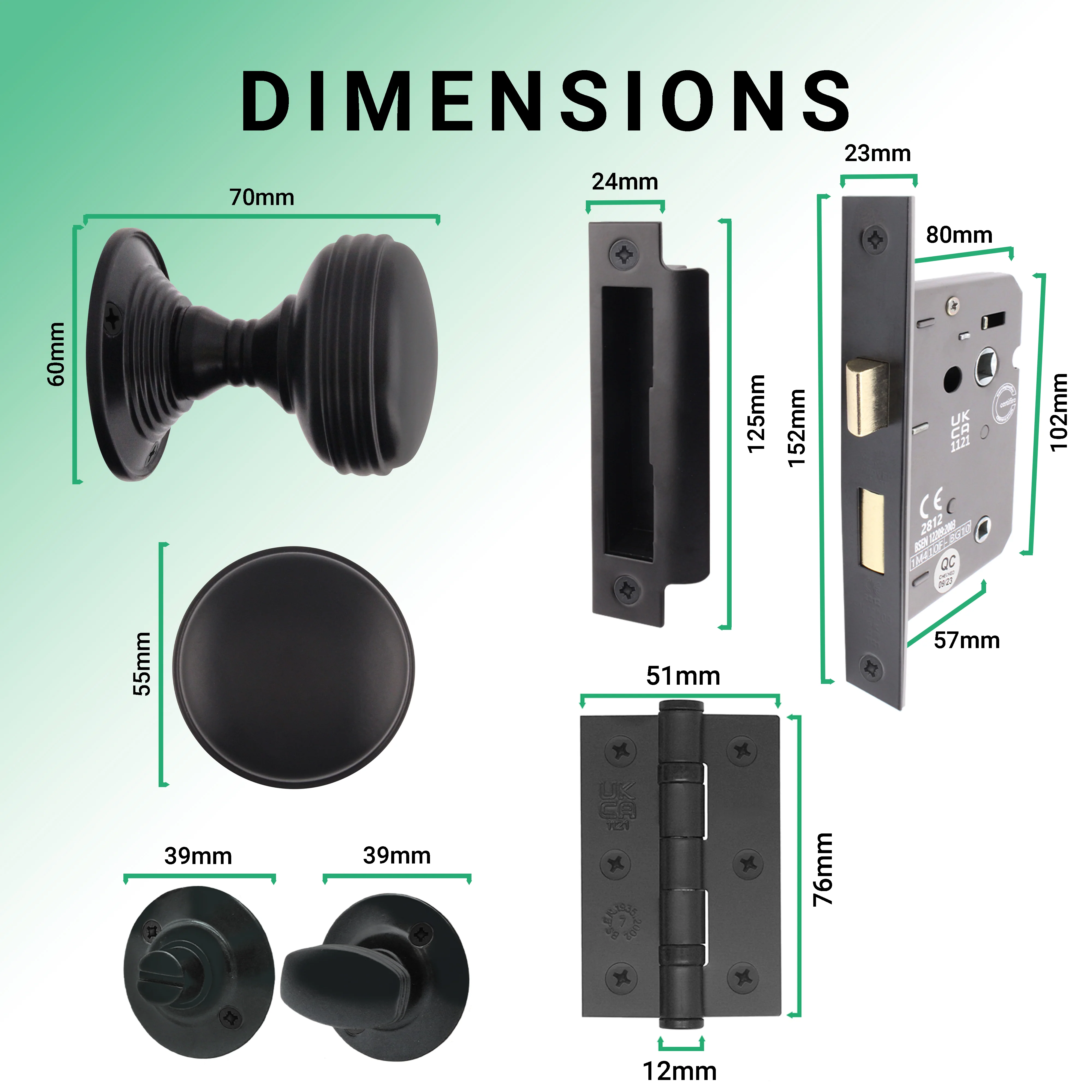 Victorian Ringed Black Mortice Door Knob Kit - 80mm Bathroom Lock - 76mm Hinges - Image 3