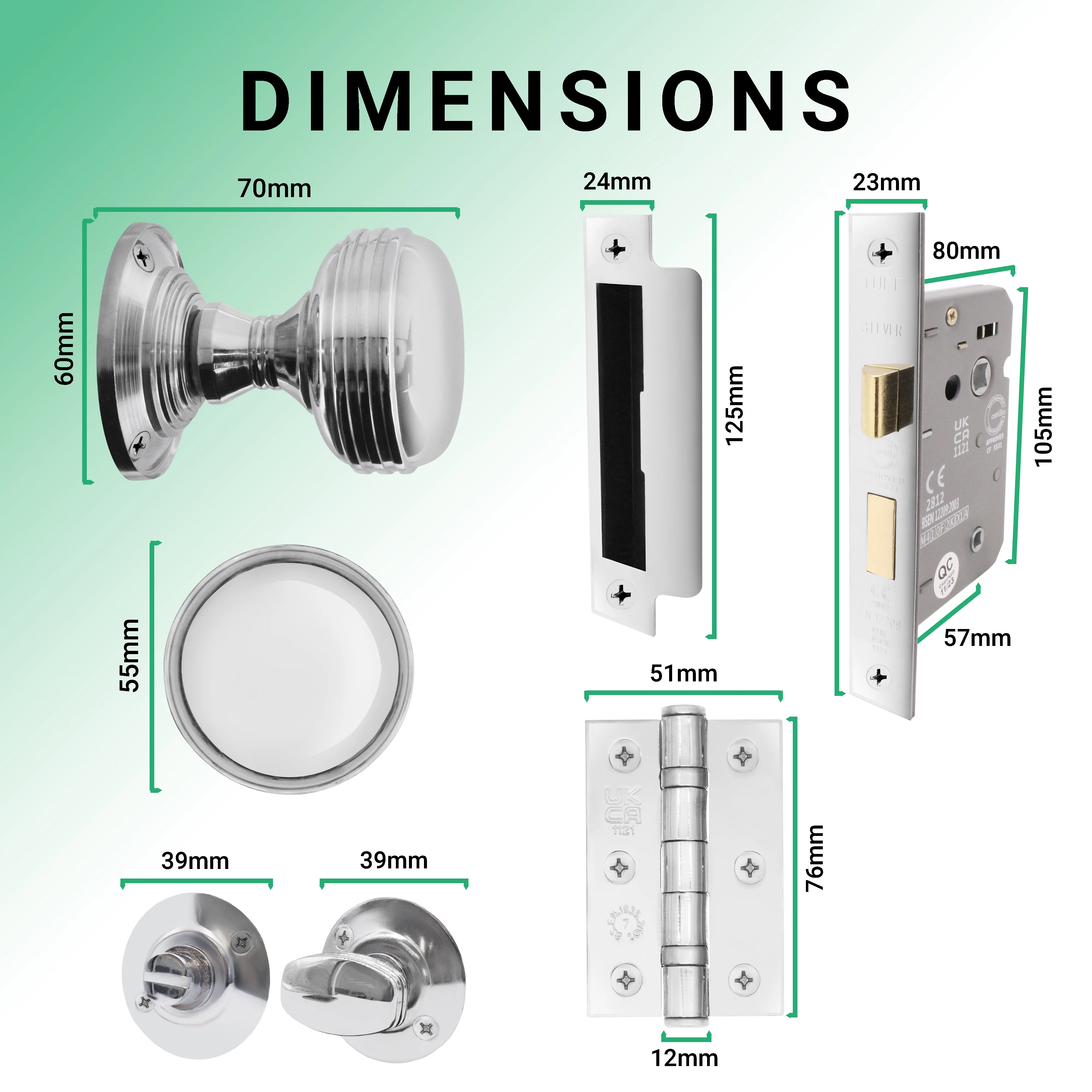 Victorian Ringed Polished Chrome Mortice Door Knob Kit - 80mm Bathroom Lock - 76mm Hinges - Image 3