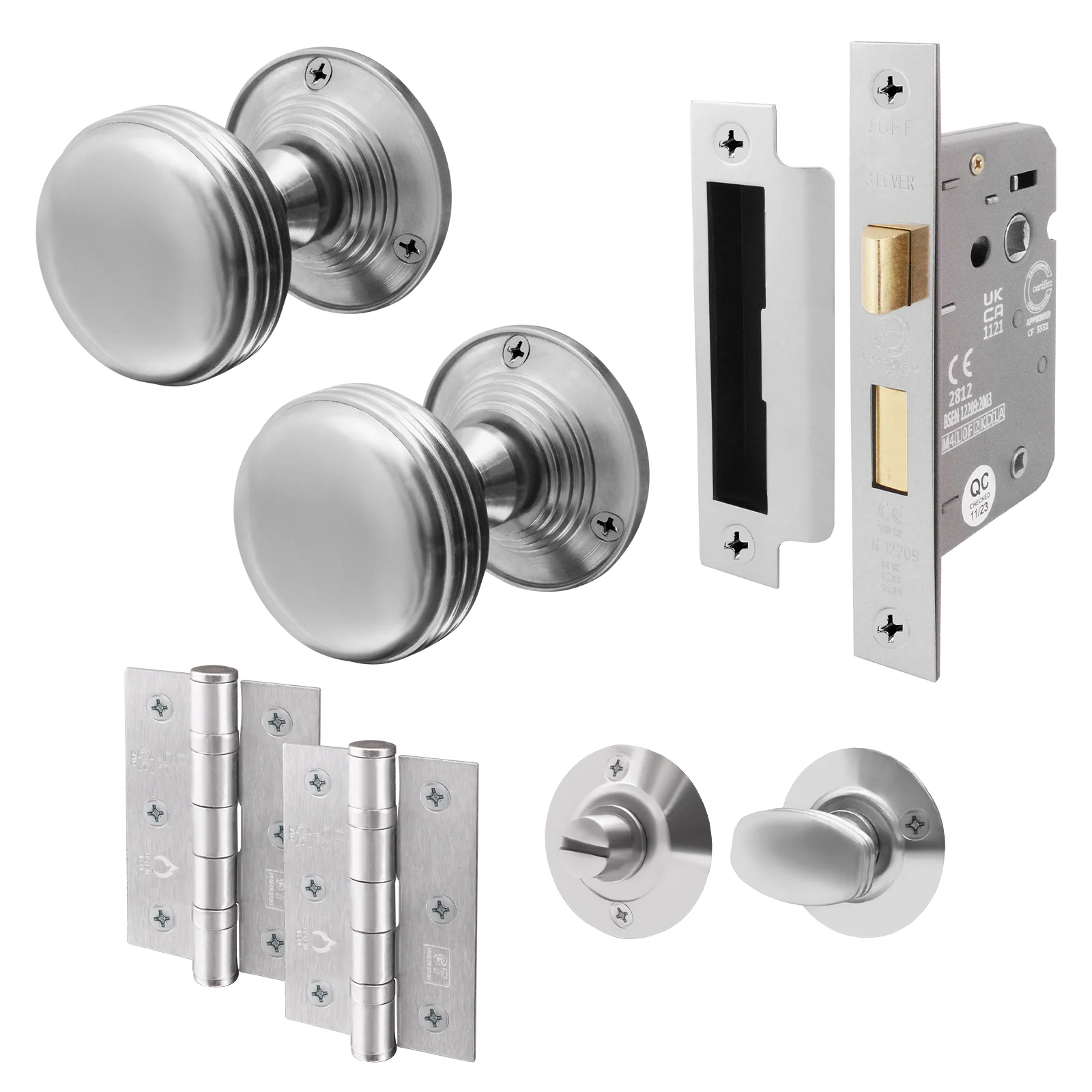Victorian Ringed Satin Chrome Mortice Door Knob Kit - 80mm Bathroom Lock - 76mm Hinges