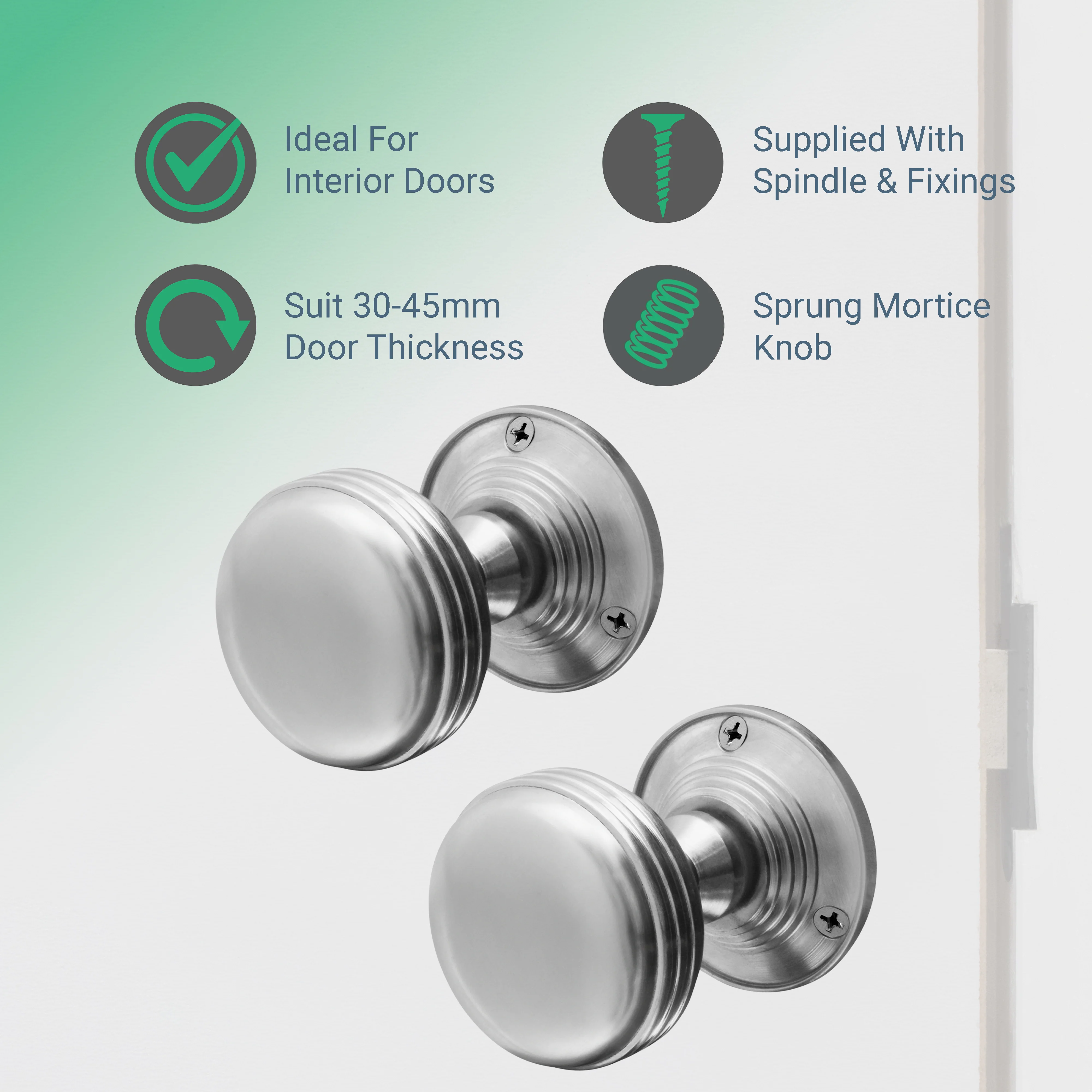 Victorian Ringed Satin Chrome Mortice Door Knob Kit - 80mm Bathroom Lock - 76mm Hinges - Image 2