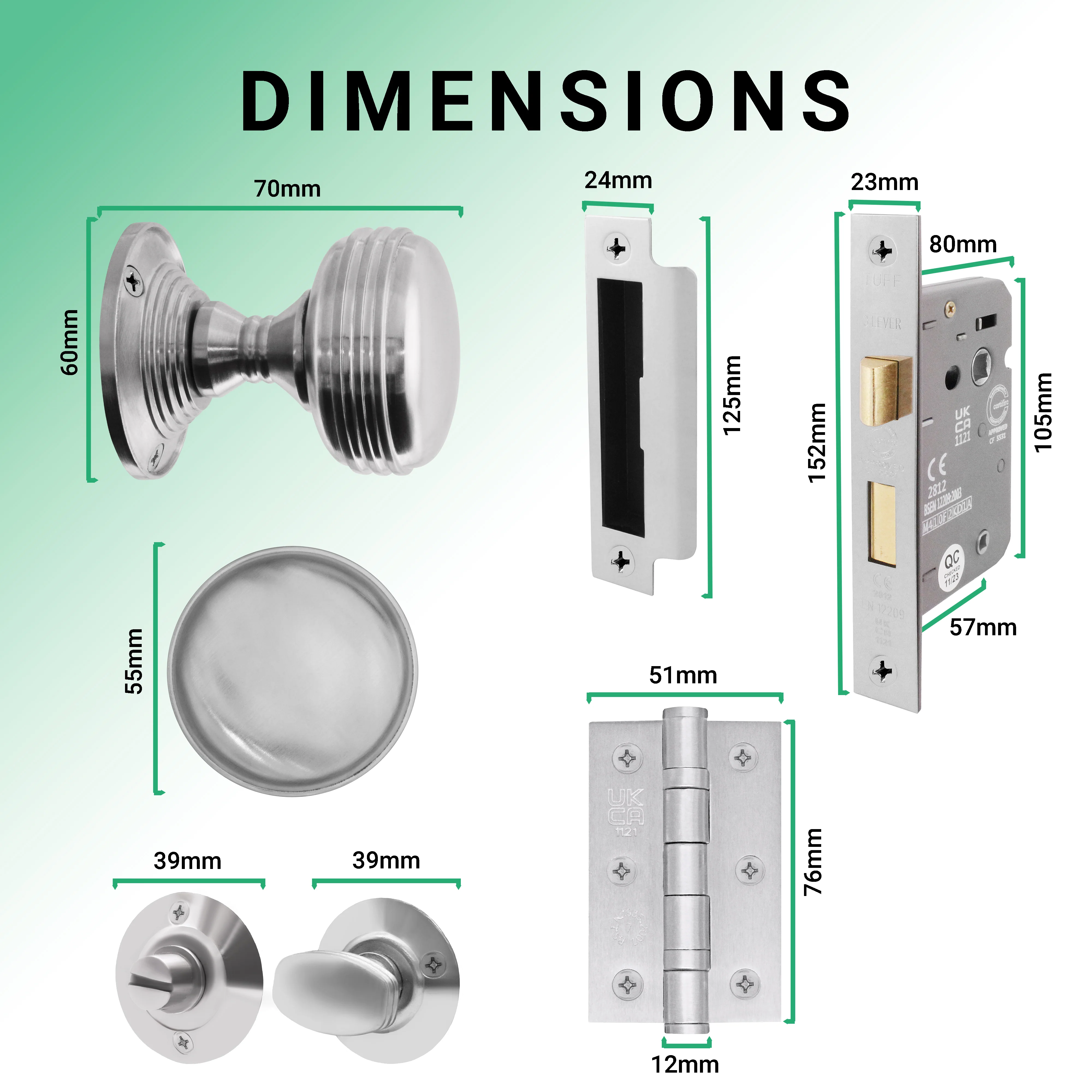 Victorian Ringed Satin Chrome Mortice Door Knob Kit - 80mm Bathroom Lock - 76mm Hinges - Image 3