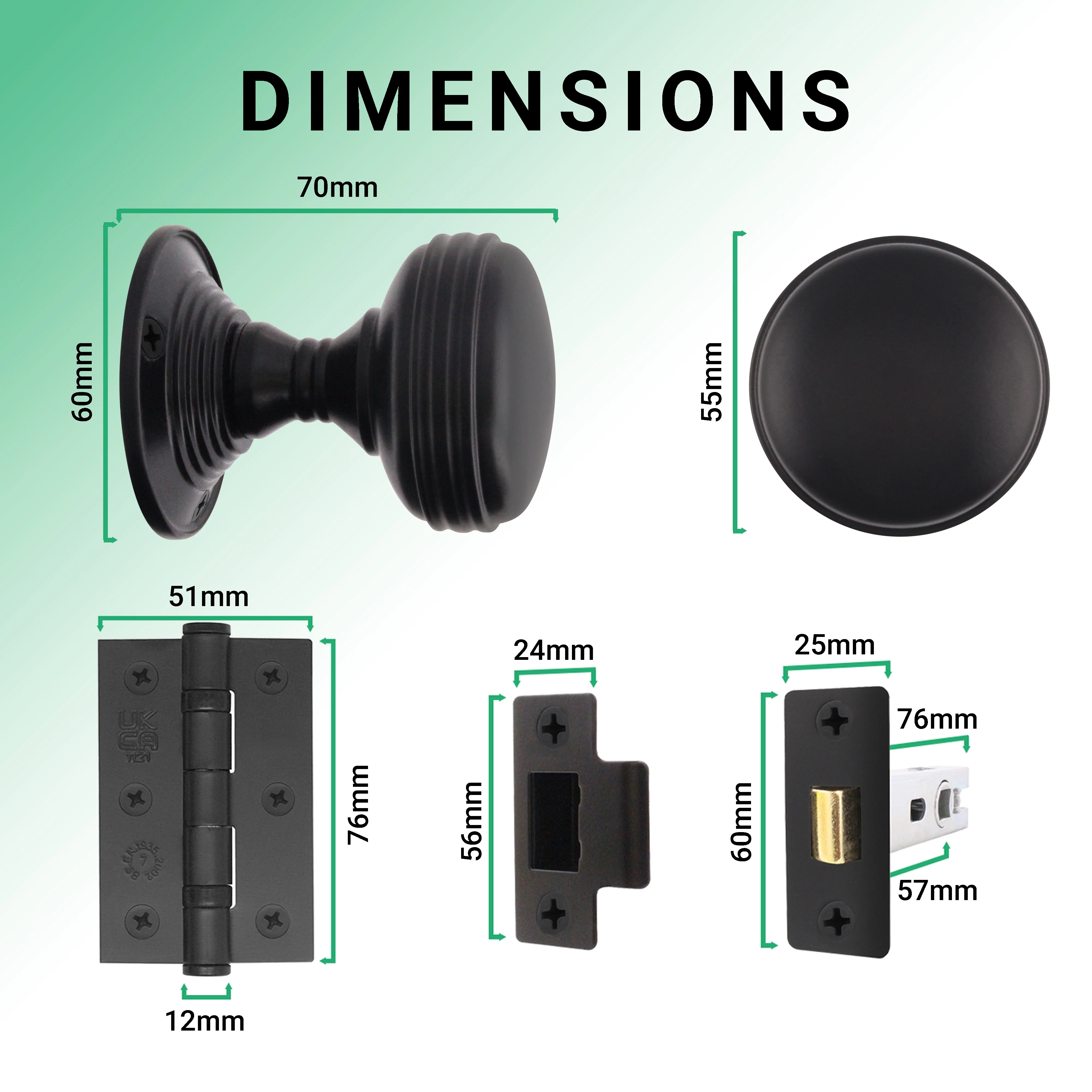 Victorian Ringed Black Mortice Door Knob Kit - 76mm Latch - 76mm Hinges - Image 3