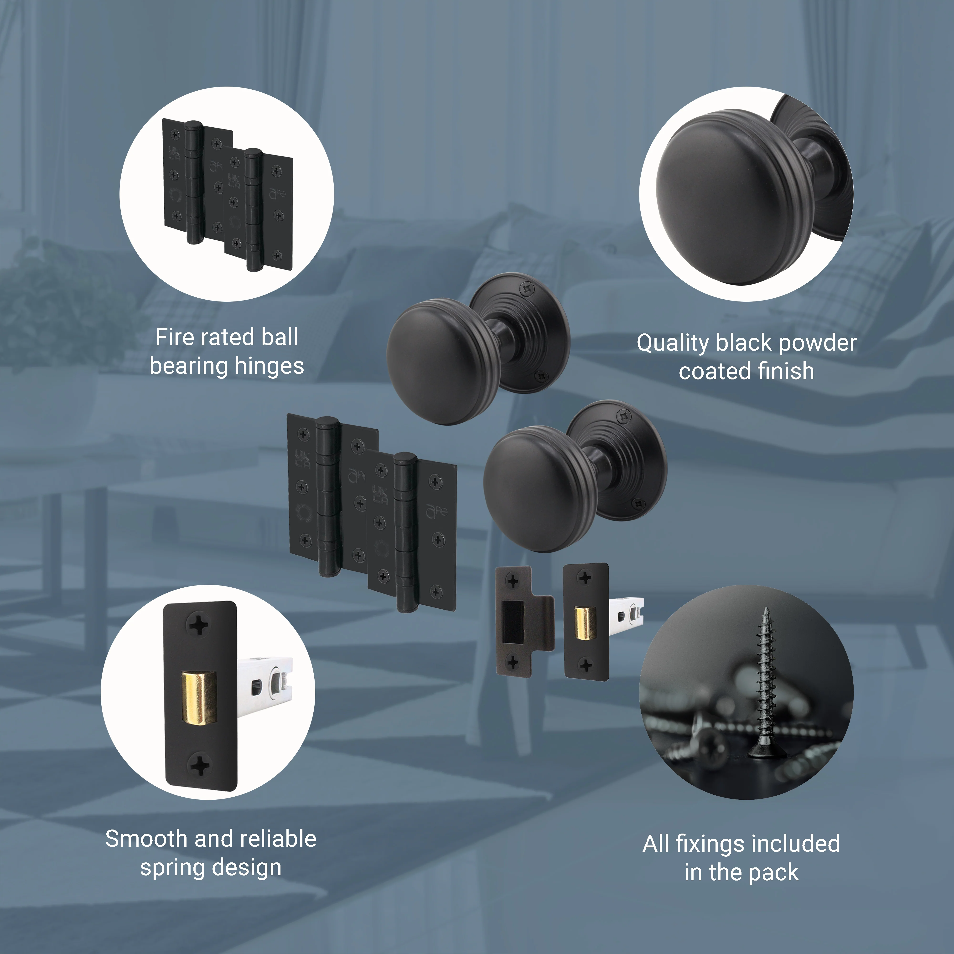 Victorian Ringed Black Mortice Door Knob Kit - 76mm Latch - 76mm Hinges - Image 4