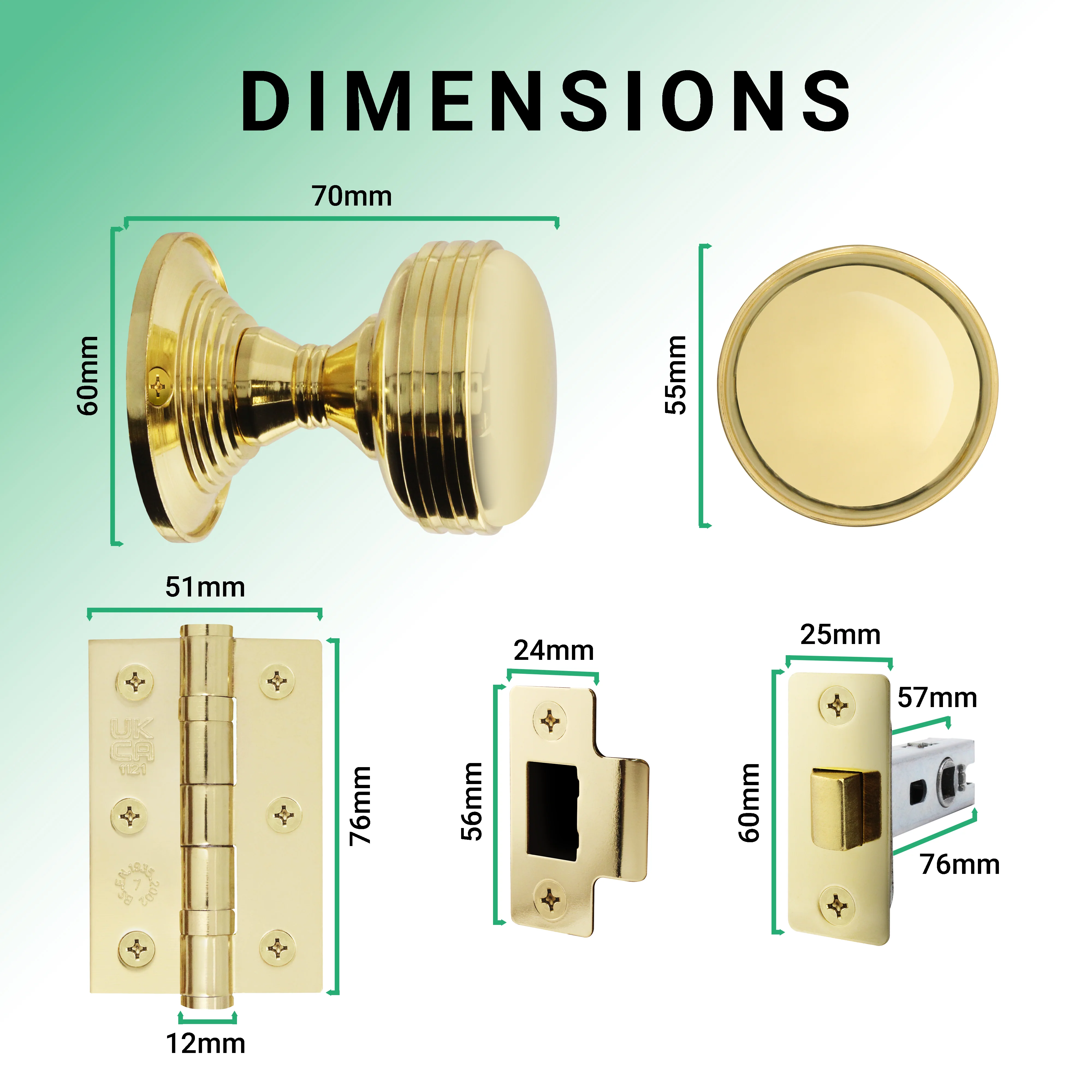 Victorian Ringed Polished Brass Mortice Door Knob Kit - 76mm Latch - Image 3
