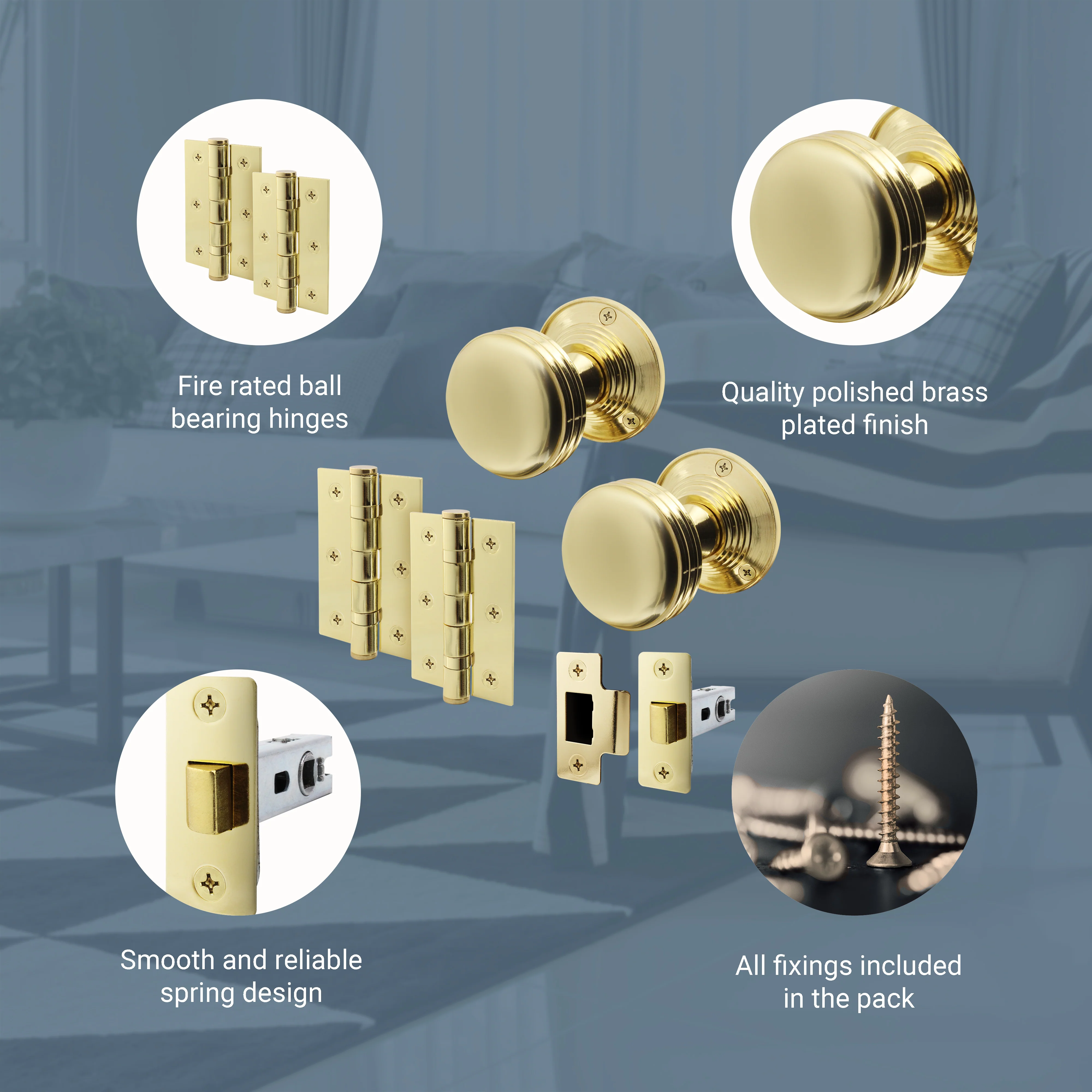 Victorian Ringed Polished Brass Mortice Door Knob Kit - 76mm Latch - Image 4