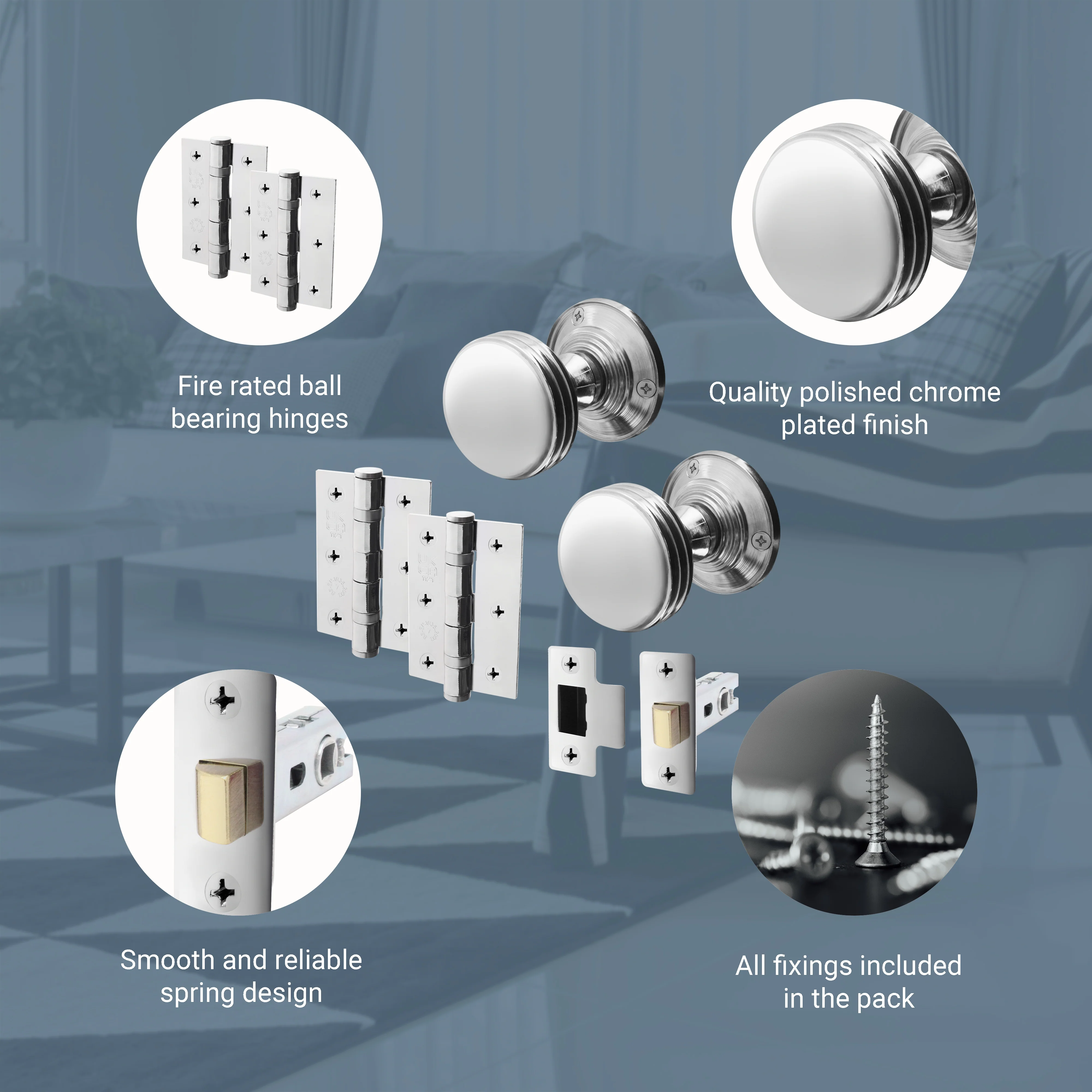 Victorian Ringed Polished Chrome Mortice Door Knob Kit - 76mm Latch - Image 4