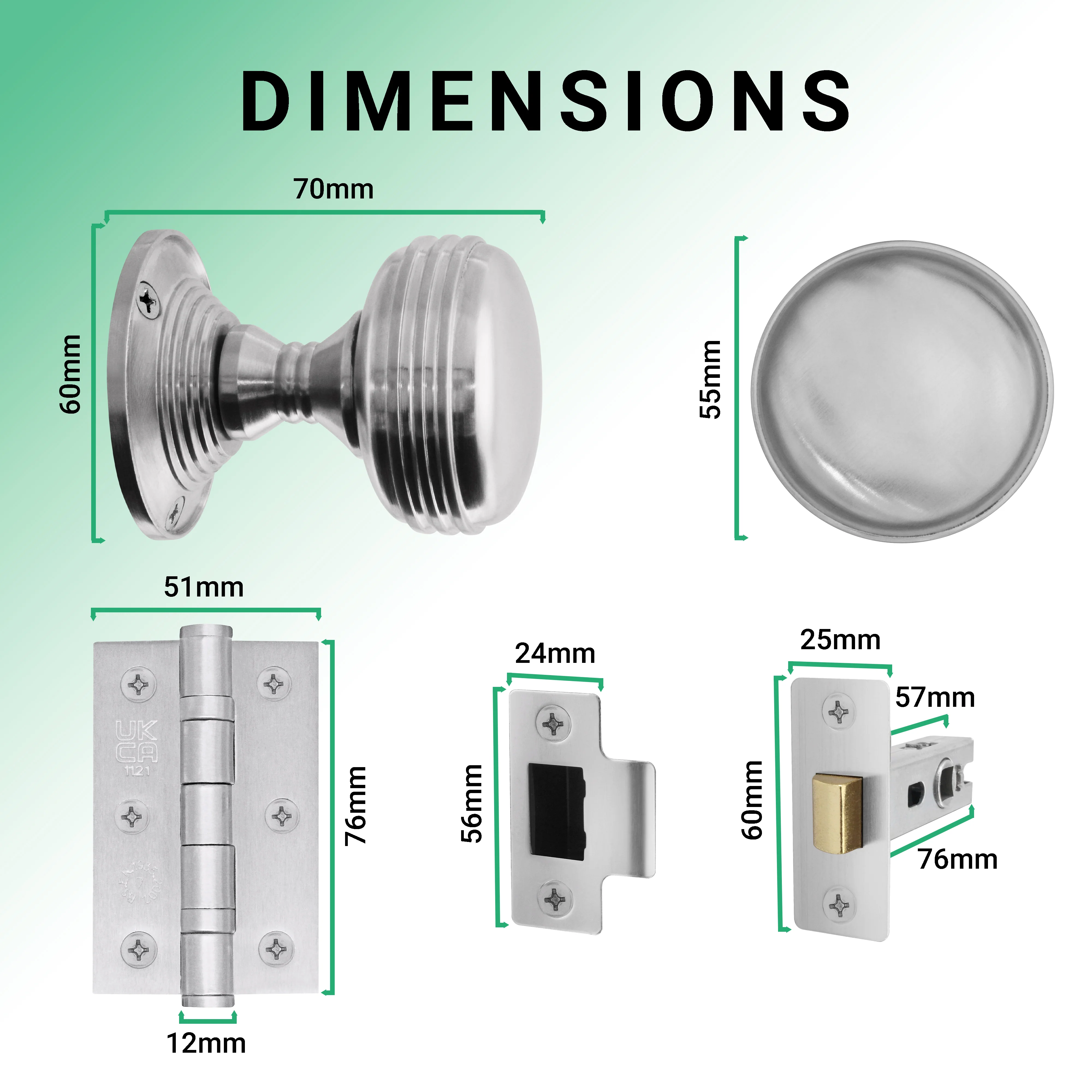Victorian Ringed Satin Chrome Mortice Door Knob Kit - 76mm Latch - 76mm Hinges - Image 3