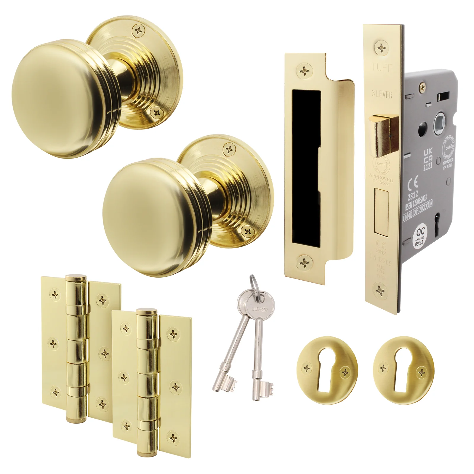 Victorian Ringed Polished Brass Mortice Door Knob Kit - 80mm Sashlock