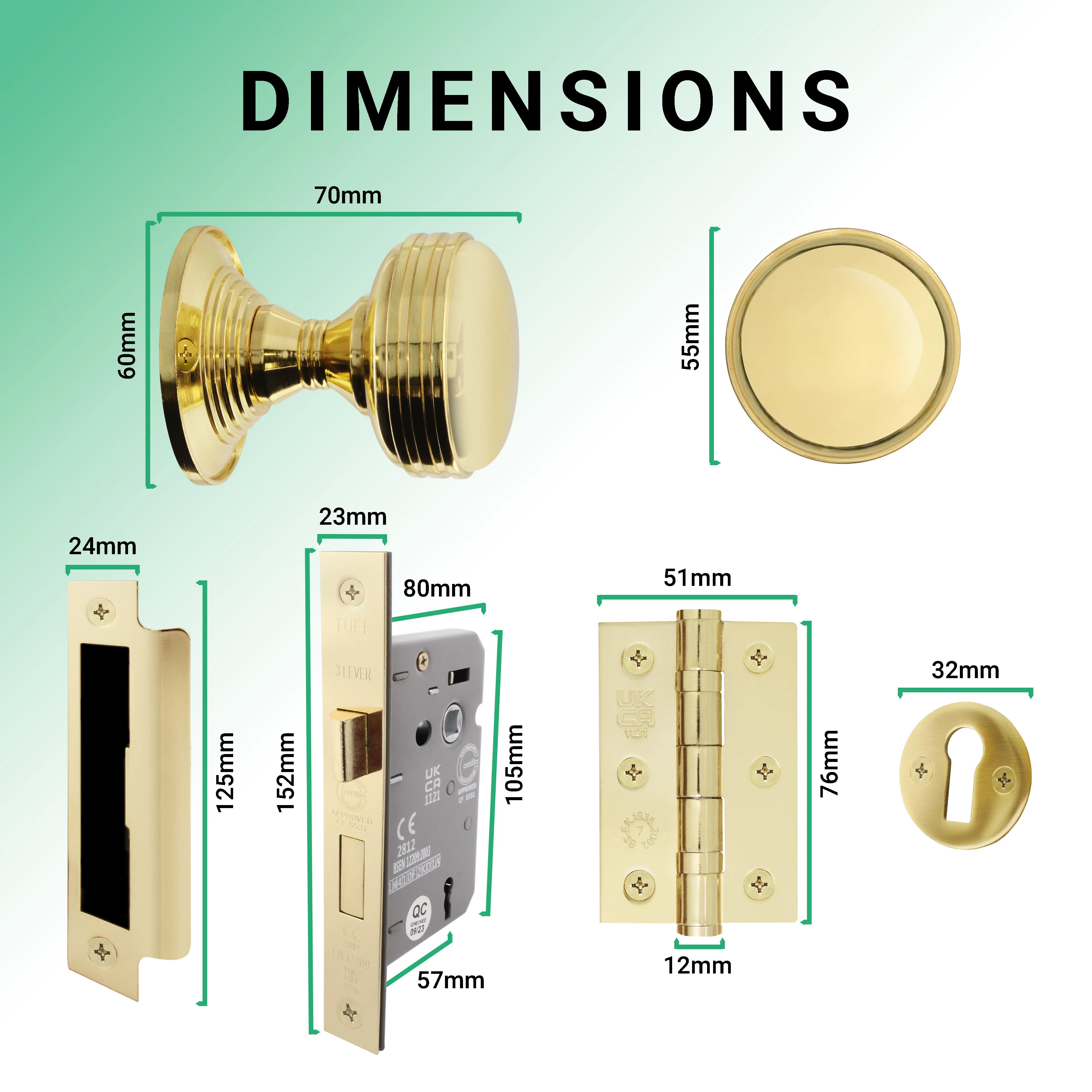 Victorian Ringed Polished Brass Mortice Door Knob Kit - 80mm Sashlock - Image 3