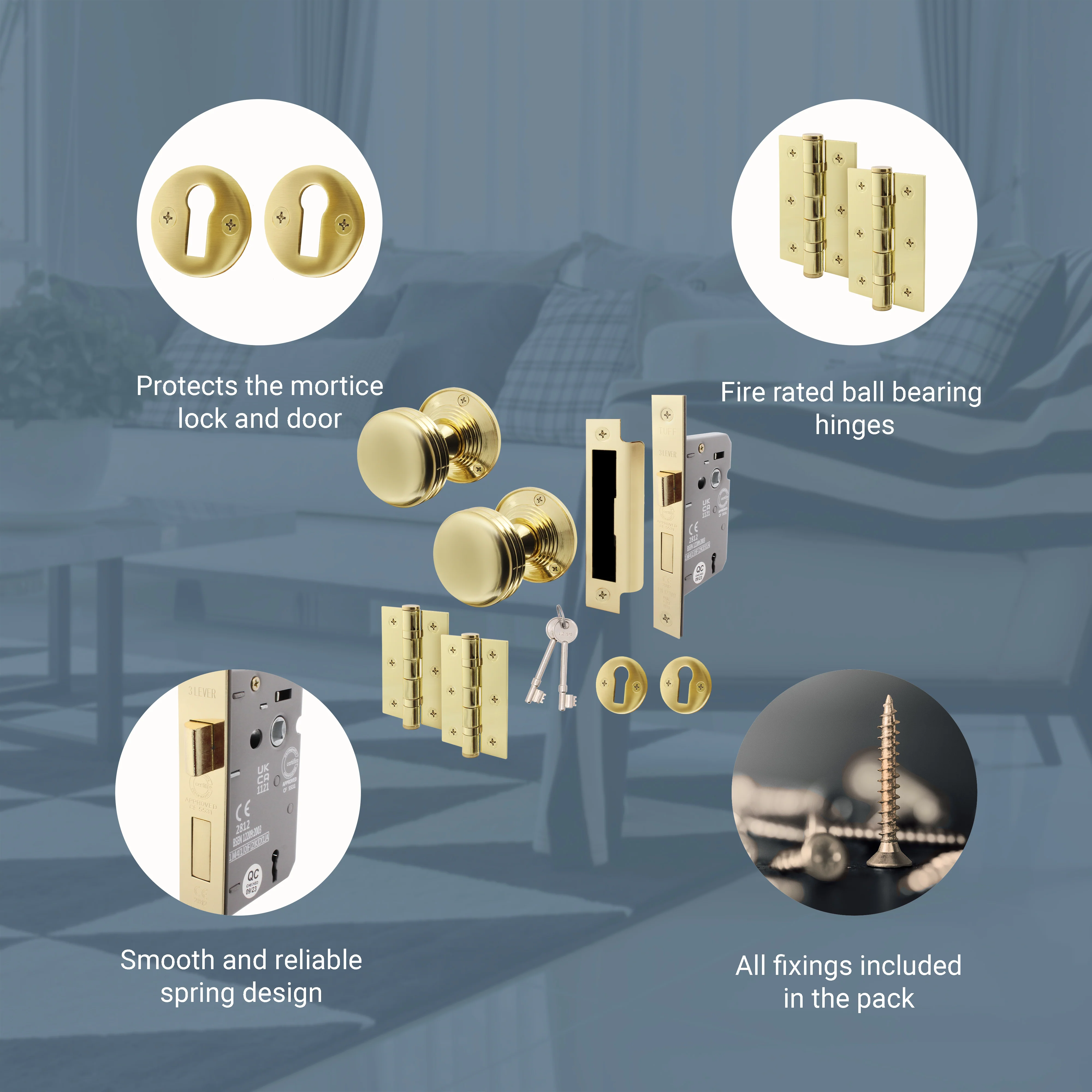 Victorian Ringed Polished Brass Mortice Door Knob Kit - 80mm Sashlock - Image 4